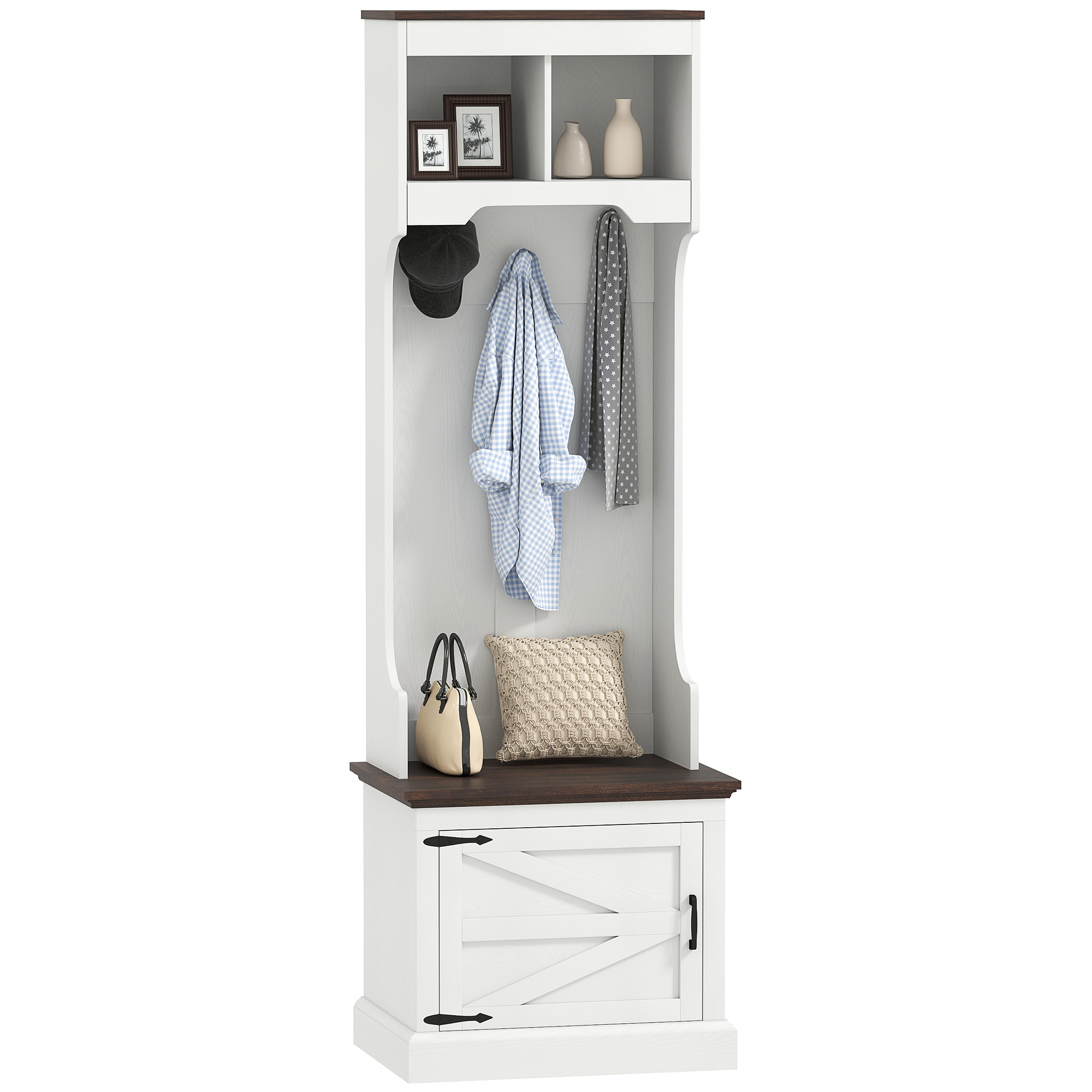 3-in-1 Hall Tree with Shoe Storage, Coat Rack with Bench, Entryway Furniture with Five Hooks, White Wood Grain (Drop Shipping Only, Not for Amazon)