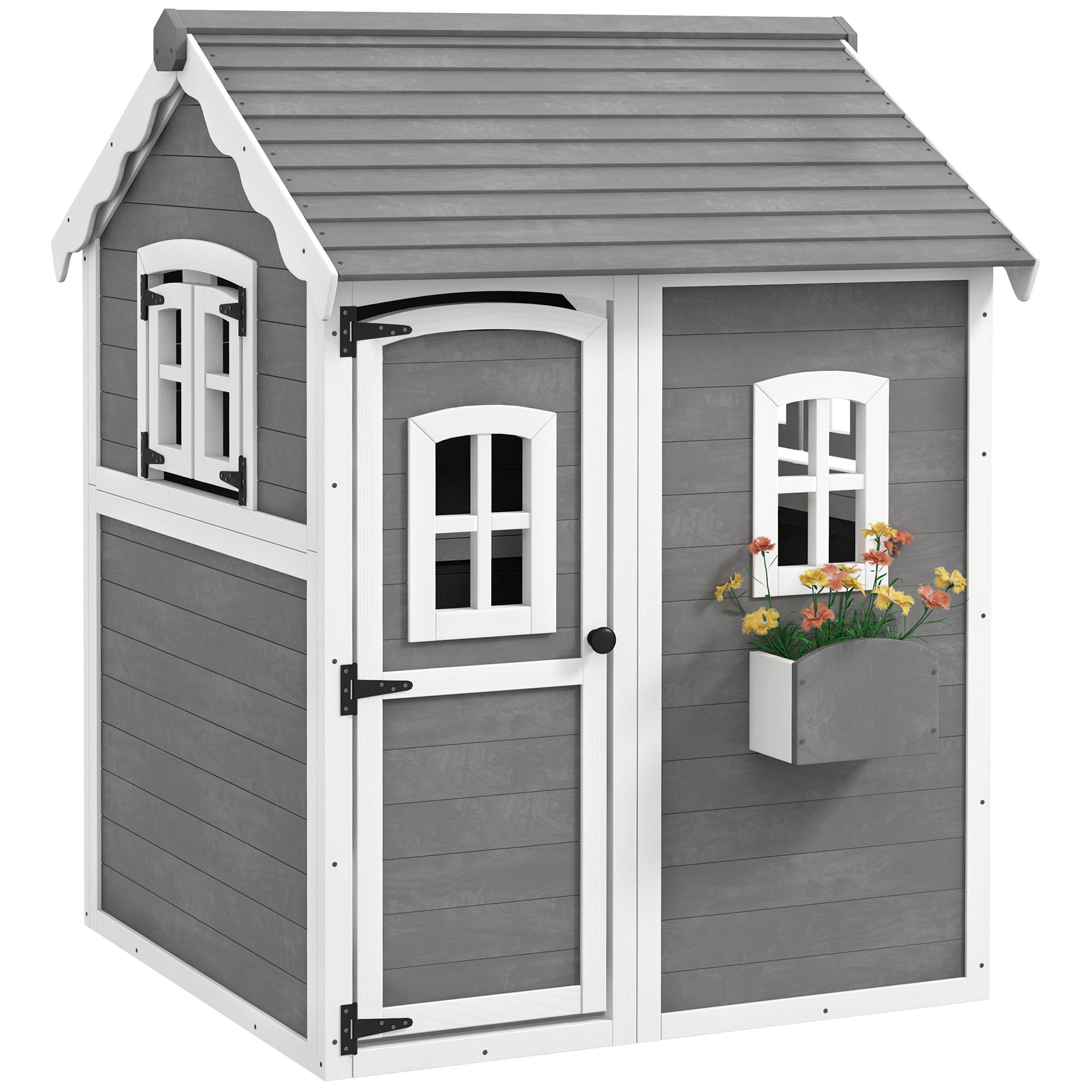Wooden Playhouse for Kids with Doors, Windows, Plant Box, Floors, for Ages 3-8 Years, for Gardens, Lawns, Patios - Grey (Drop Shipping Only, Not for Amazon)