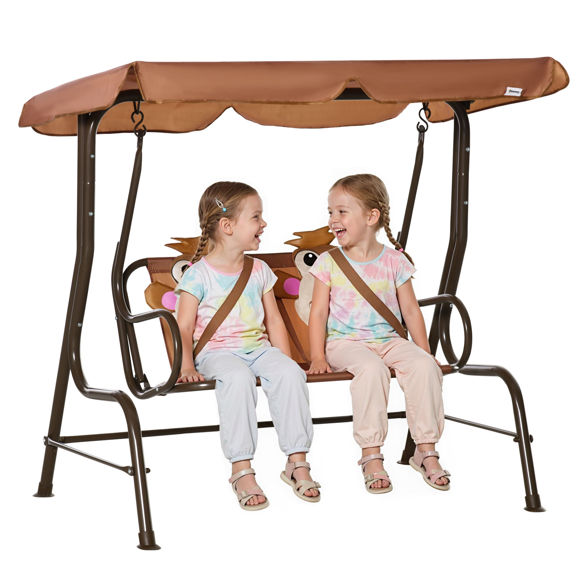 Kids Patio Swing, 2-Seater Outdoor Swing Chair with Adjustable Canopy and Safety Belt, Monkey Pattern Hanging Swing Bench for Garden or Backyard, Coffee (Drop Shipping Only, Not for Amazon)