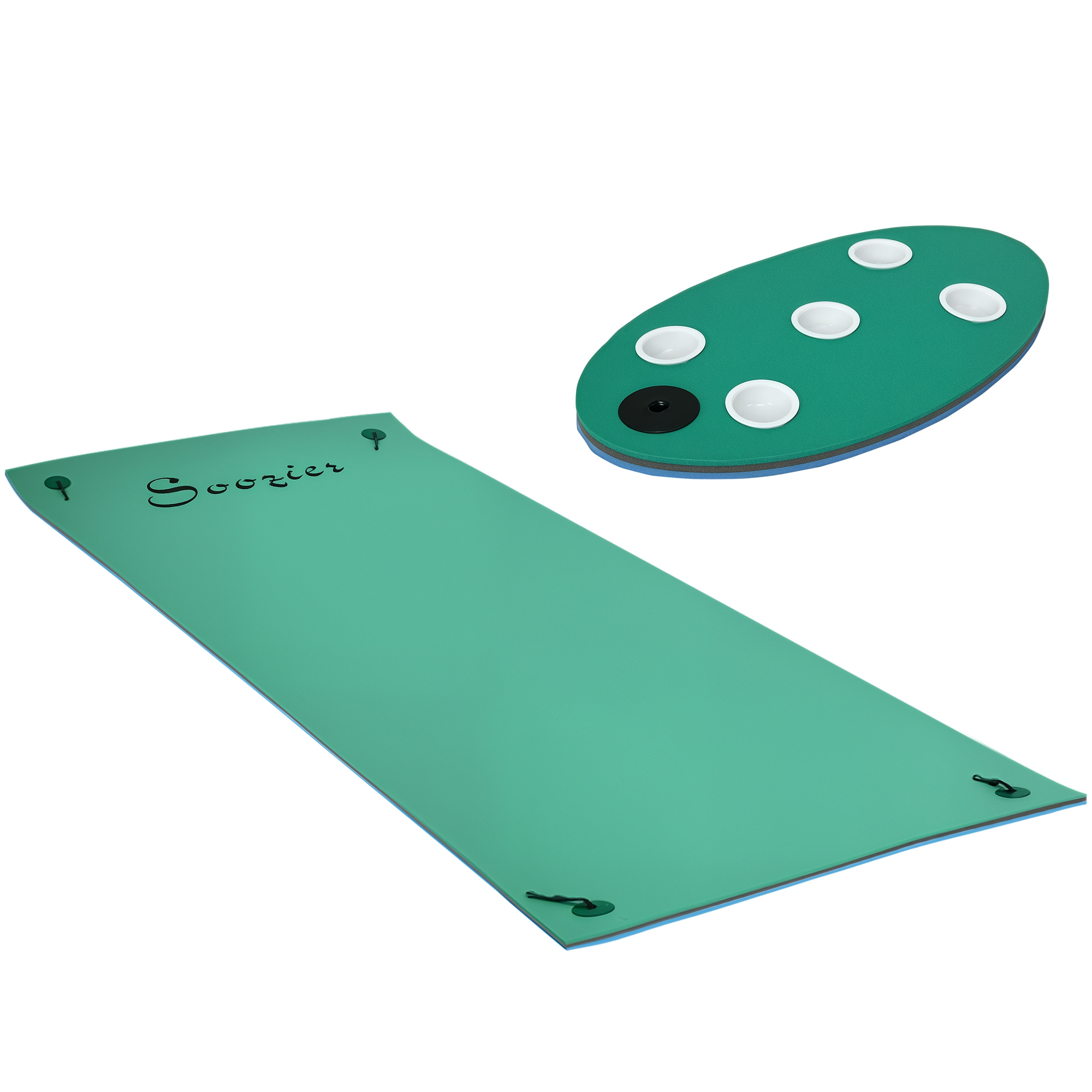 Soozier 12' x 5' Lily Pad Floating Mat with Cup Holder Table, 3-Layer Portable Roll-Up Water Mat Float Dock for 2-3 People, on Lake, River, Beach, Swimming Pool, Green (Drop Shipping Only, Not for Amazon)
