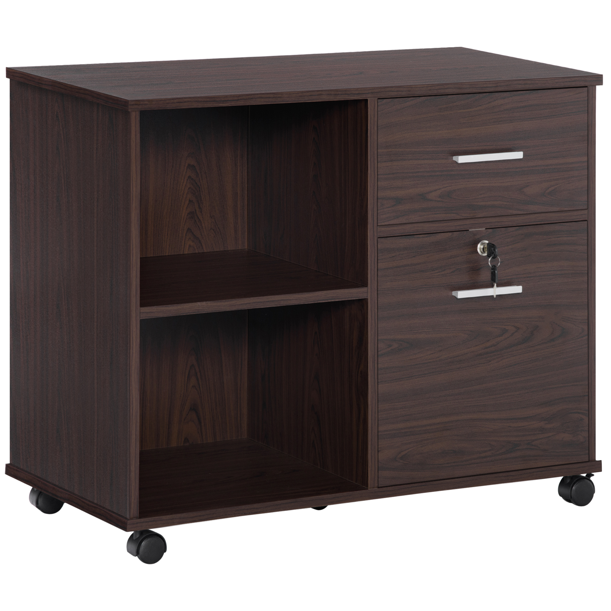 Lateral File Cabinet with Wheels, Mobile Printer Stand with Open Shelves and Drawers for A4 Size Documents, Walnut (Drop Shipping Only, Not for Amazon)