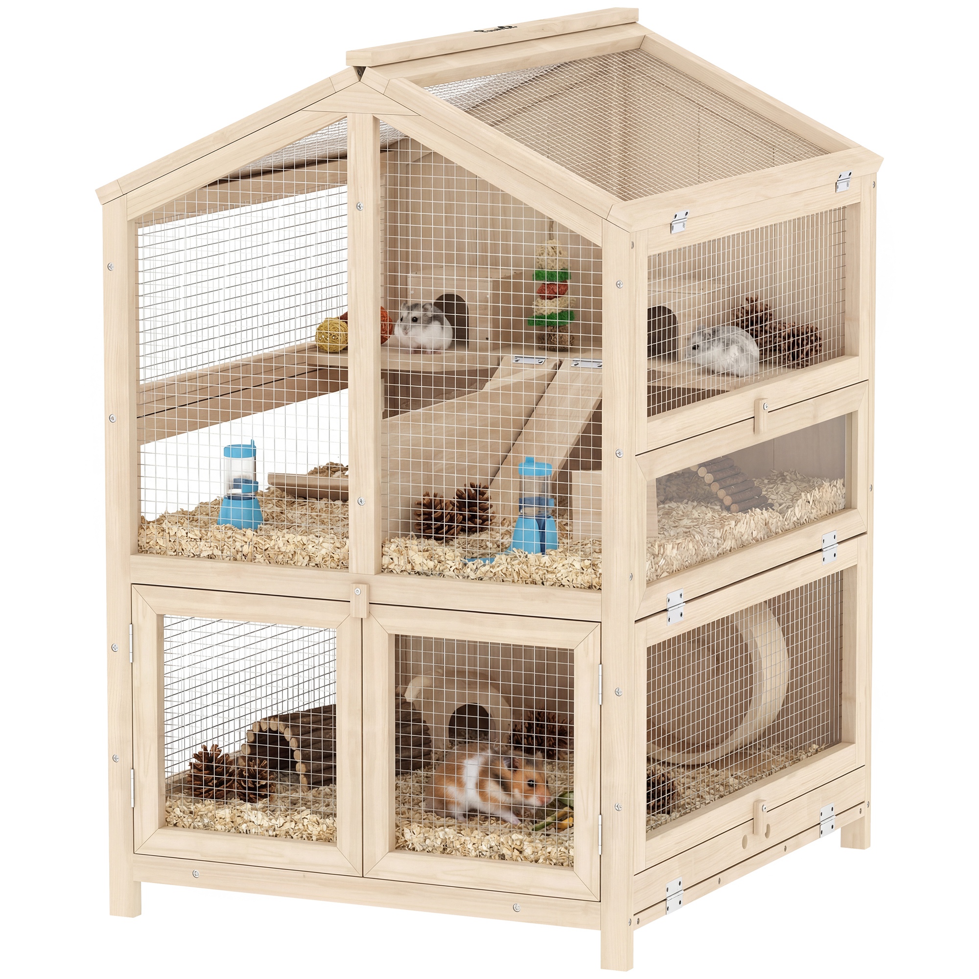 Wooden Hamster Cage, Large 3 Tier Hamster Cage w/ Pull-Out Tray, Openable Top, Hut, Seesaws, 26.8