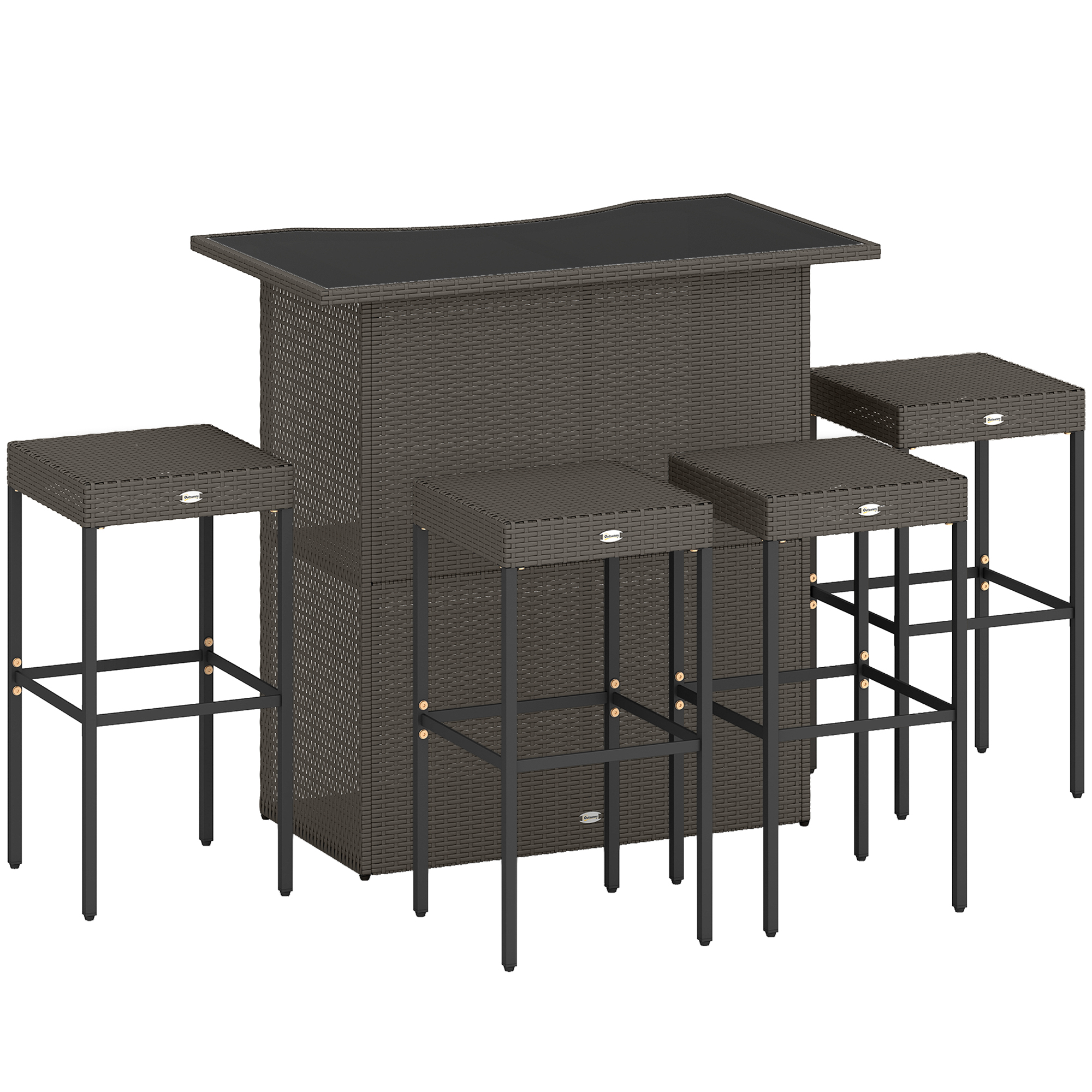 5 Piece Rattan Wicker Bar Set, High Top Outdoor Table and Chairs, Bar Height Patio Set, 2 Shelves & 4 Bar Stools, Brown (Drop Shipping Only, Not for Amazon)
