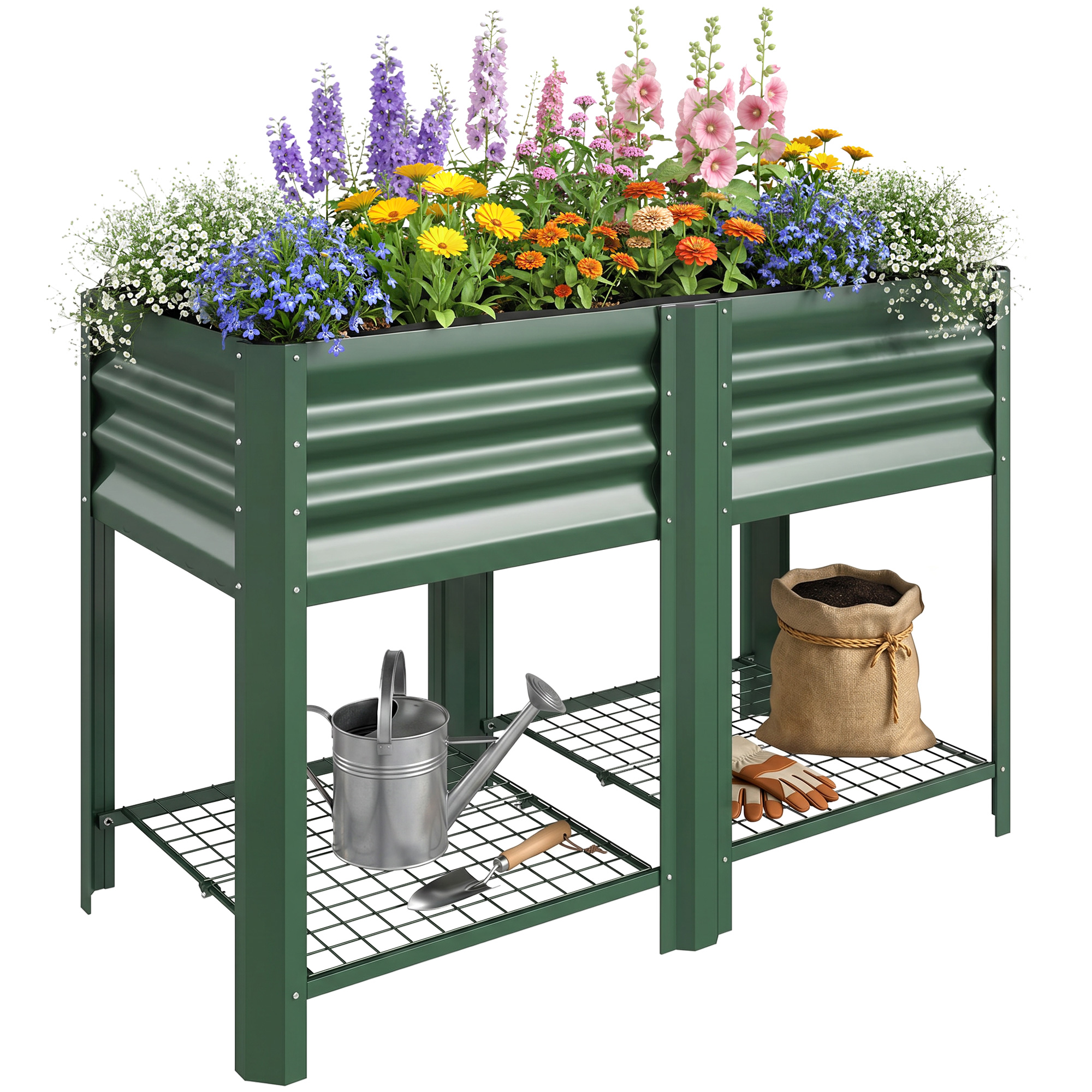 Raised Garden Bed Galvanized Steel, Elevated Planter Box with Storage Shelf, Bed Liner, 31.5