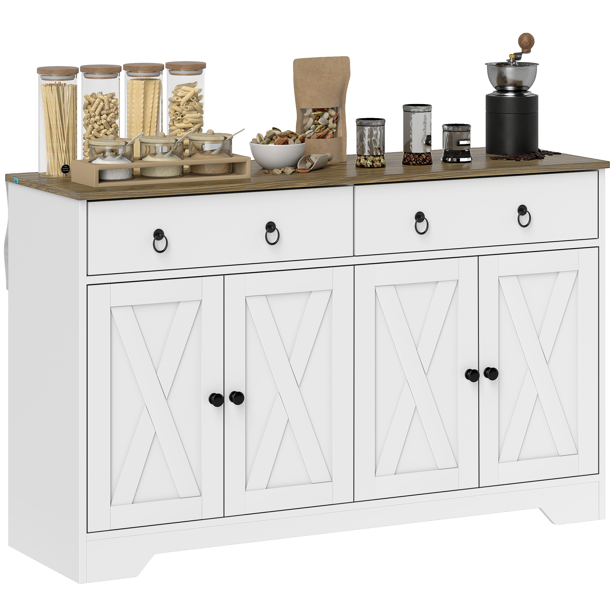 Kitchen Storage Sideboard, Farmhouse Buffet Cabinet with Barn Style Doors, Drawers, Adjustable Shelves, White (Drop Shipping Only, Not for Amazon)