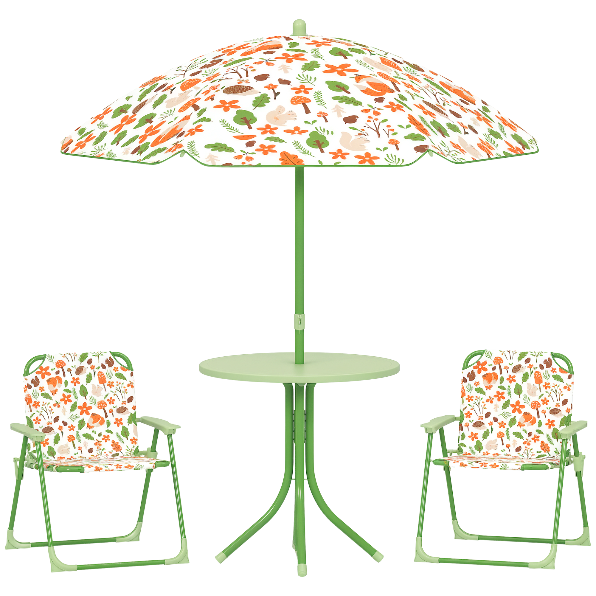 4-Piece Kids Garden Table and Chair Set with Adjustable Parasol, Folding Chairs, Table, Nature Pattern, Green (Drop Shipping Only, Not for Amazon)