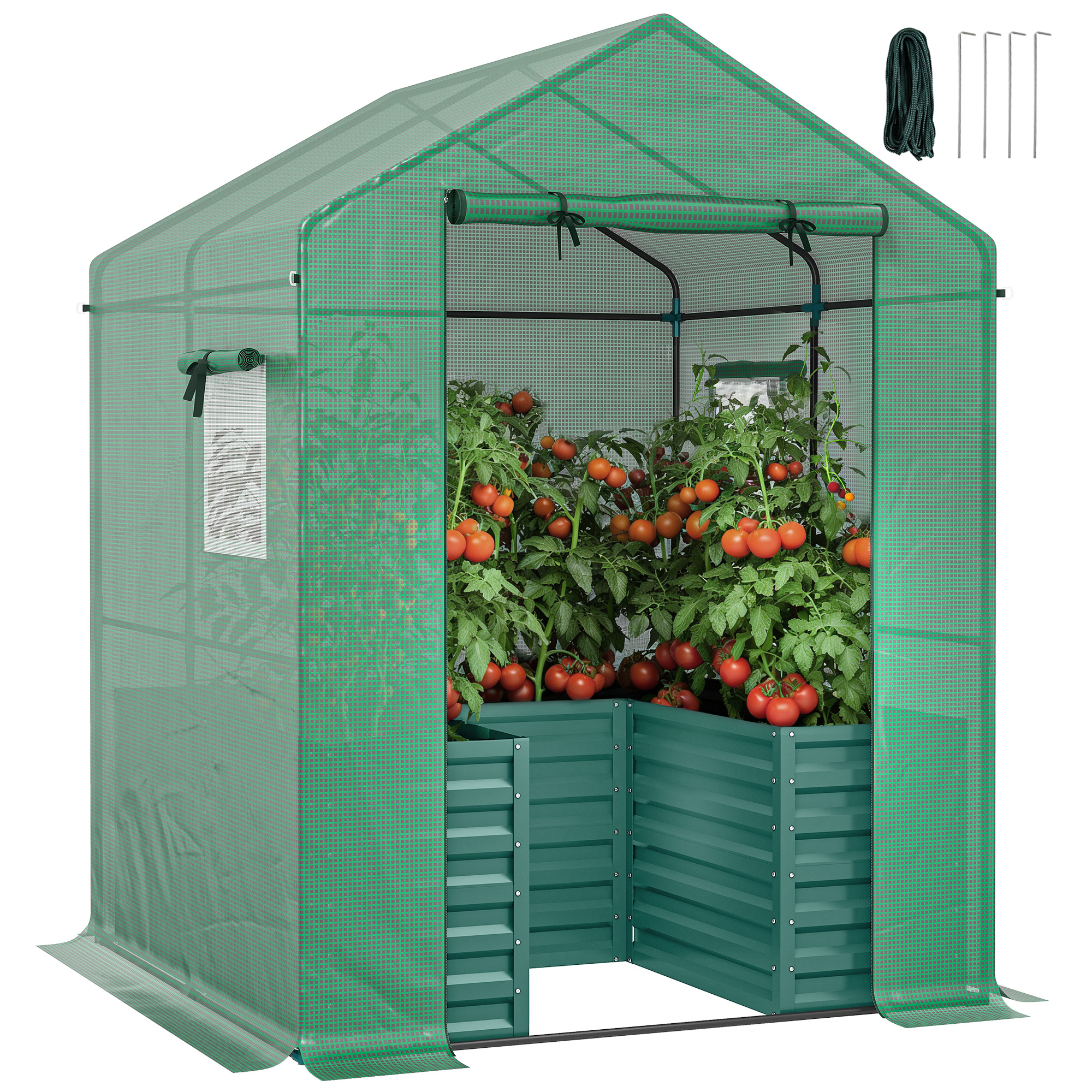 Greenhouse with Raised Garden Bed, Galvanized Steel Outdoor Greenhouse with Roll Up Door, 56