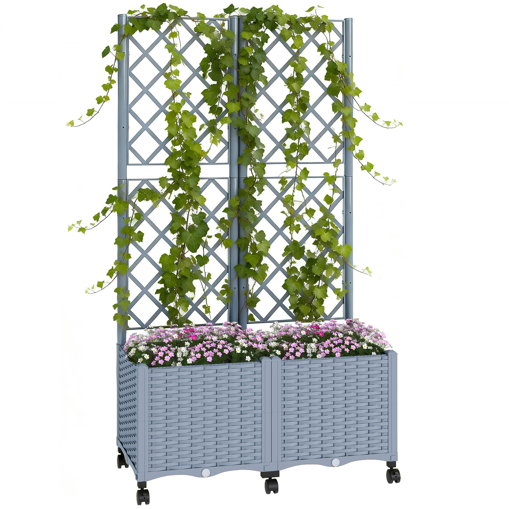 Planter Box with Trellis, Self Watering Raised Garden Bed with Lockable Wheels and Drainage Holes, Brown (Drop Shipping Only, Not for Amazon)