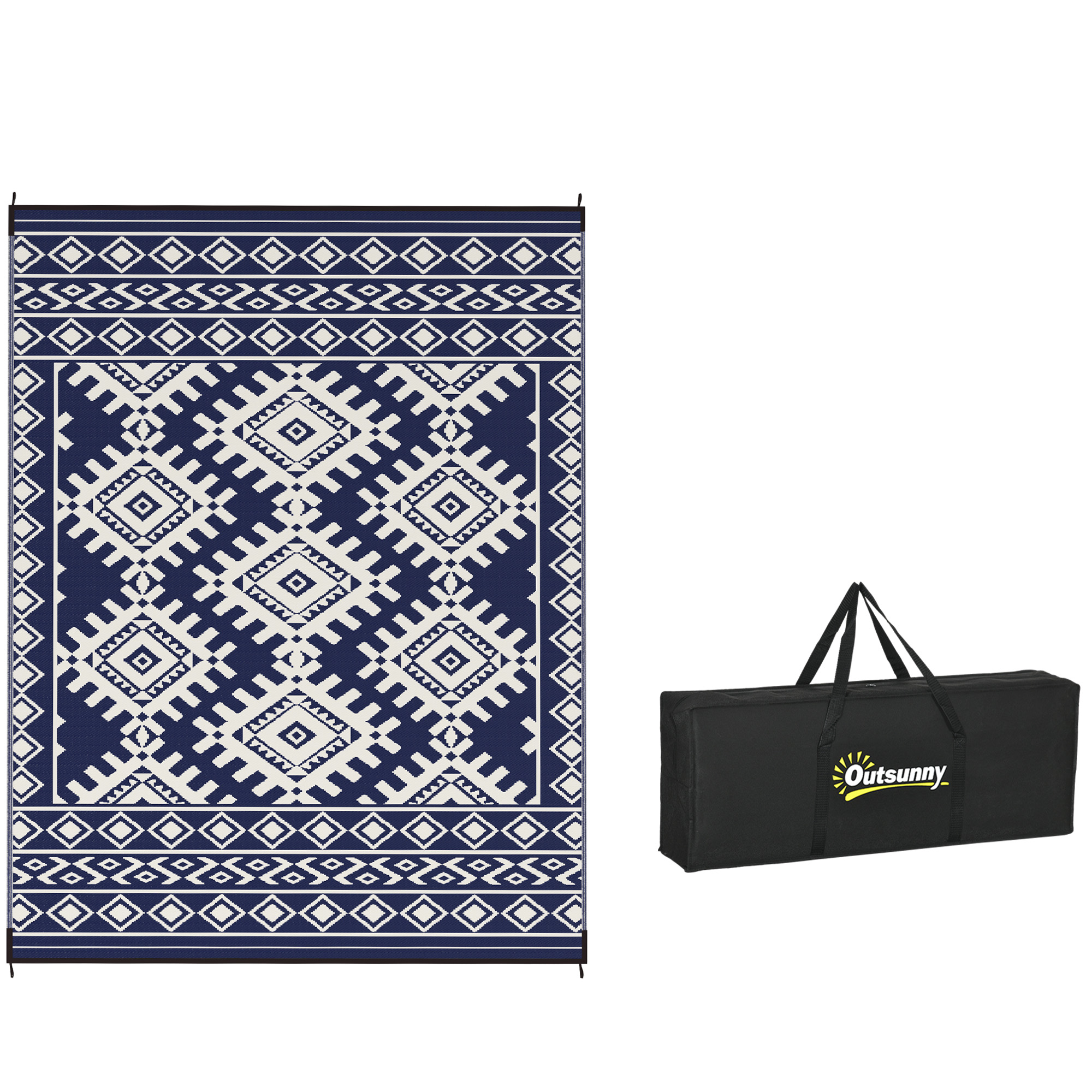 Reversible Outdoor Rug, Waterproof Plastic Straw with Carry Bag, 9' x 12', Blue & White Rhombus Border (Drop Shipping Only, Not for Amazon)
