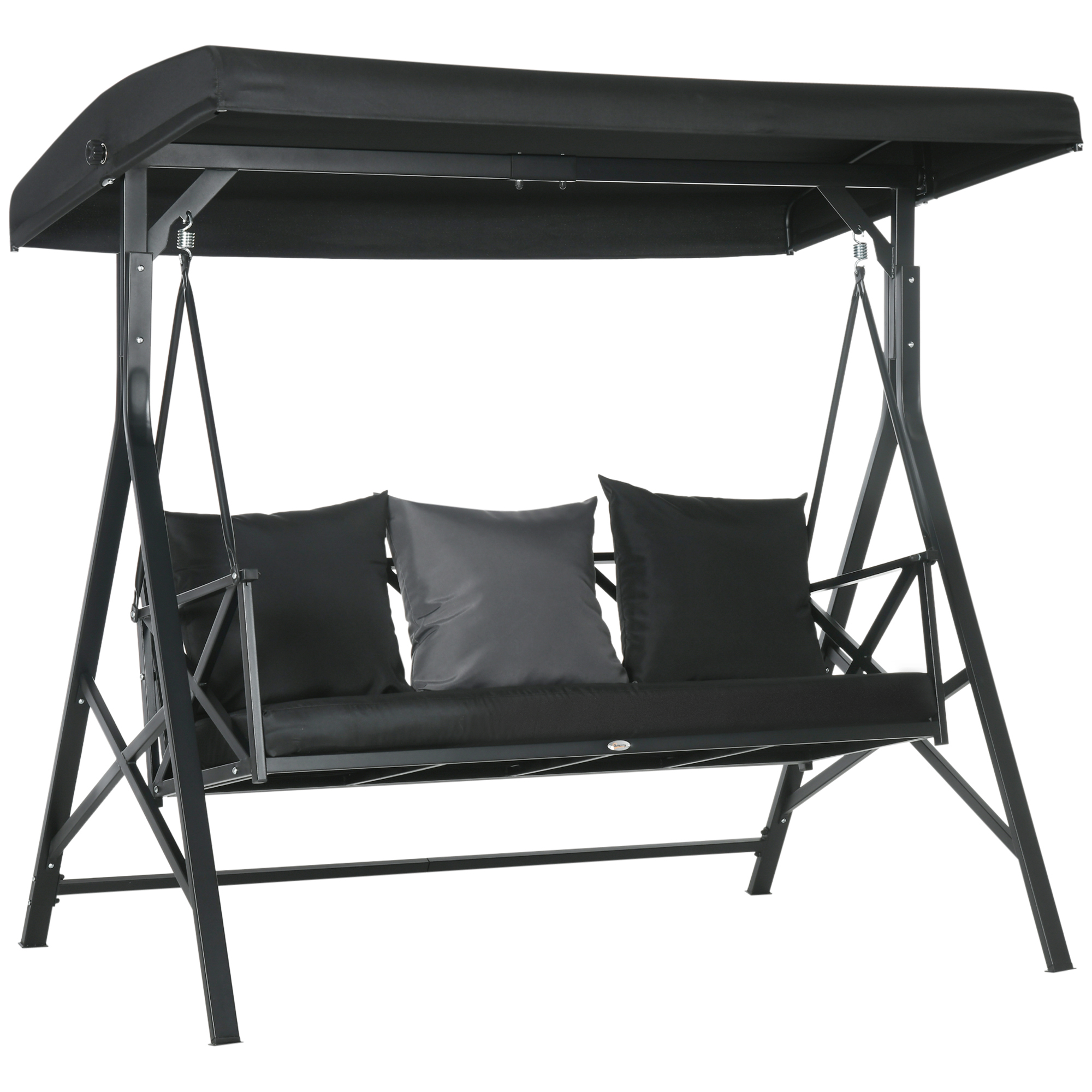 3-Seat Patio Swing Chair, Porch Swing Glider with Cushion, 3 Throw Pillows & Adjustable Canopy for Porch, Garden, Poolside, Backyard, Black (Drop Shipping Only, Not for Amazon)