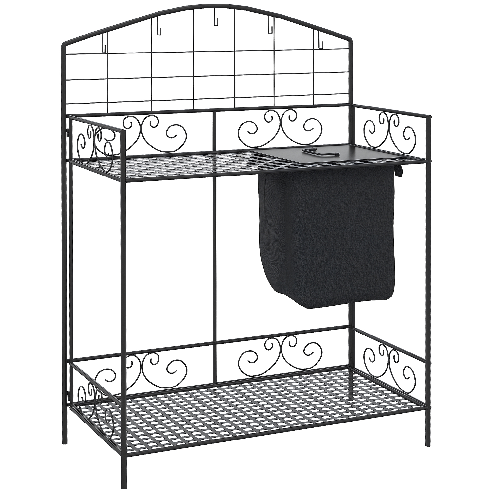 Folding Potting Bench Table, Metal Garden Workstation, Work Bench with Large Build-In Bag with Cover, 5 Hanging Hooks & Storage Shelf, Flourishes (Drop Shipping Only, Not for Amazon)