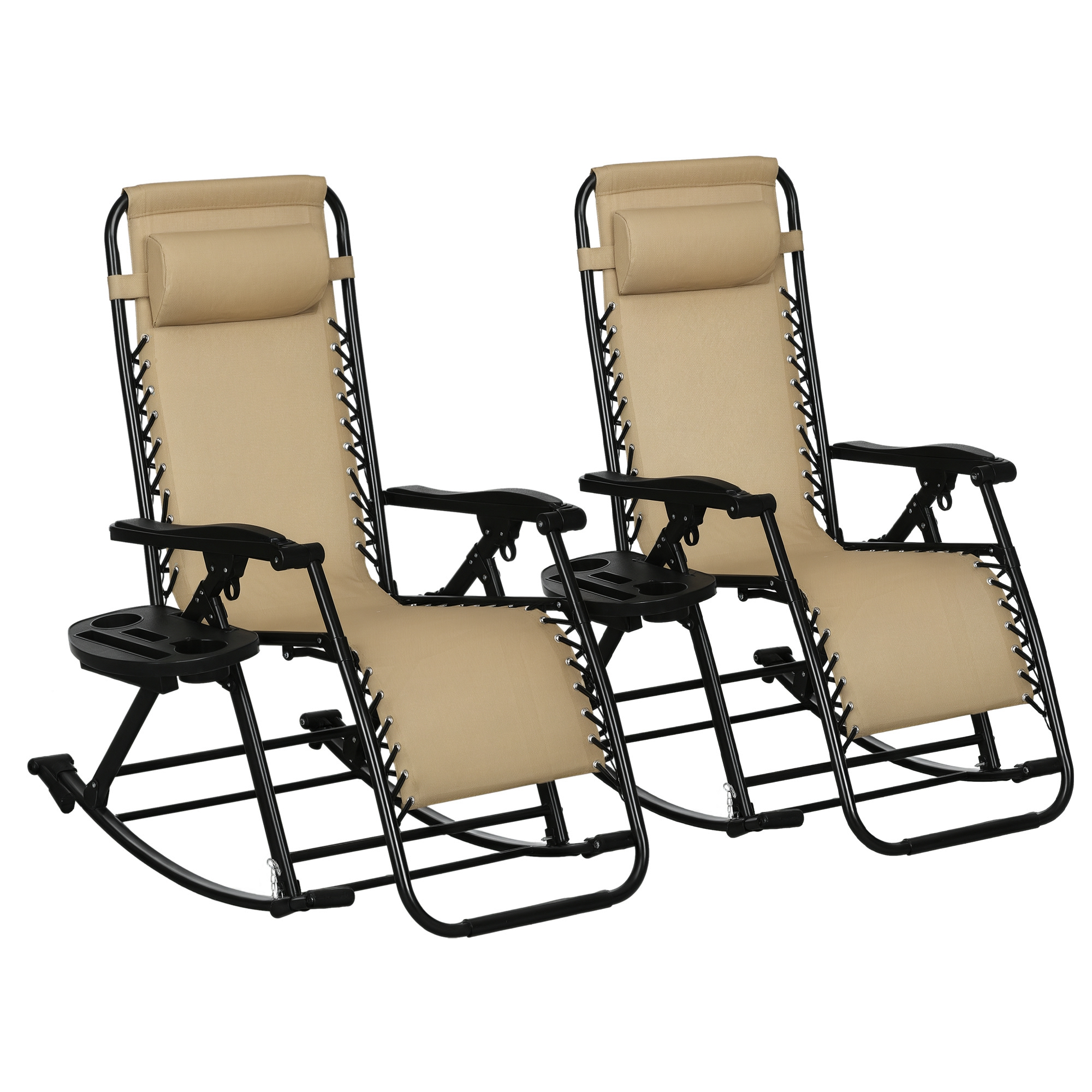 2 Outdoor Rocking Chairs Foldable Reclining Zero Gravity Lounge Rockers w/ Pillow Cup & Phone Holder, Beige (Drop Shipping Only, Not for Amazon)