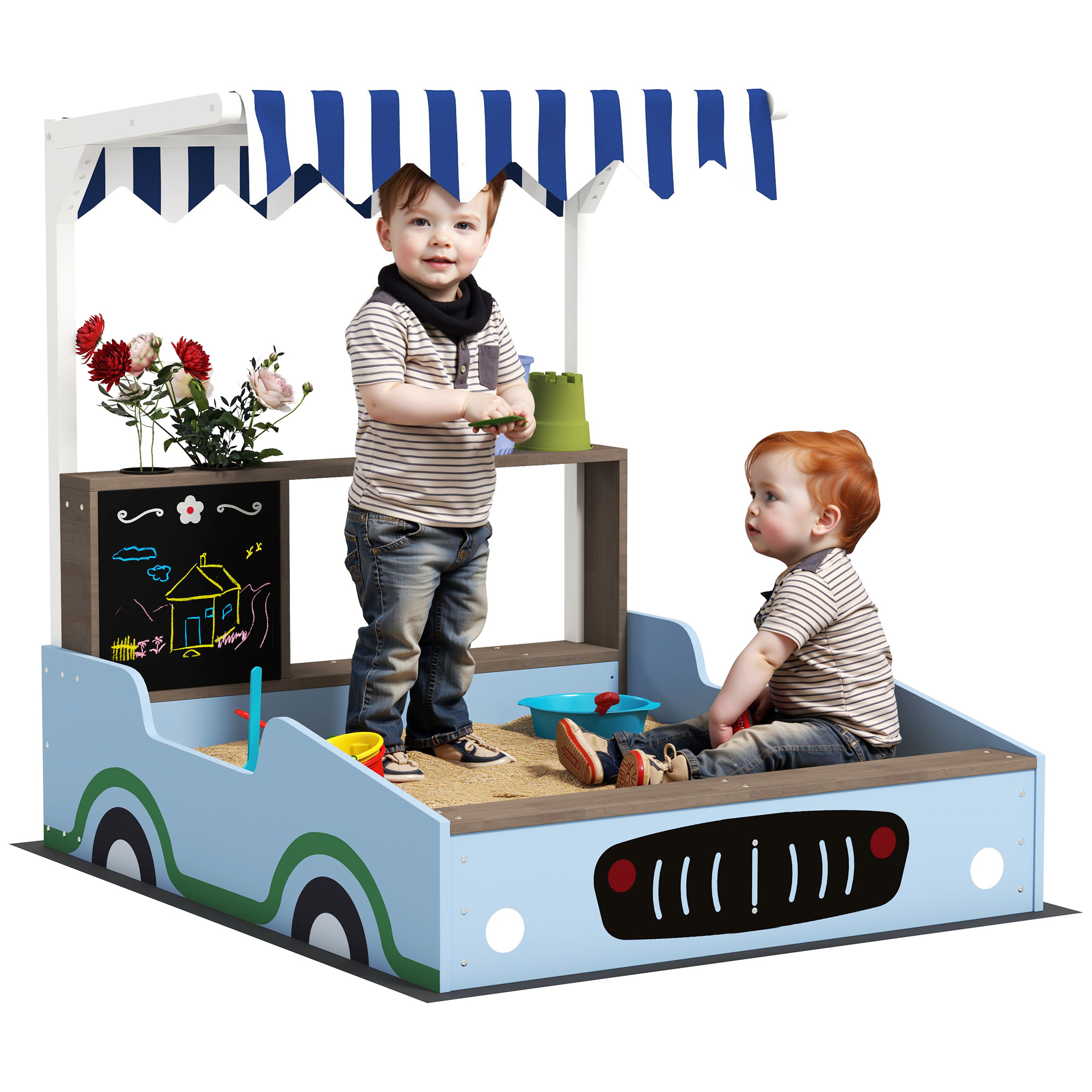 Kids Wooden Sandbox with Canopy with Bench Seats, Bottom Liner, Drawing Board, Planting Boxes for Backyard, Garden, Blue (Drop Shipping Only, Not for Amazon)