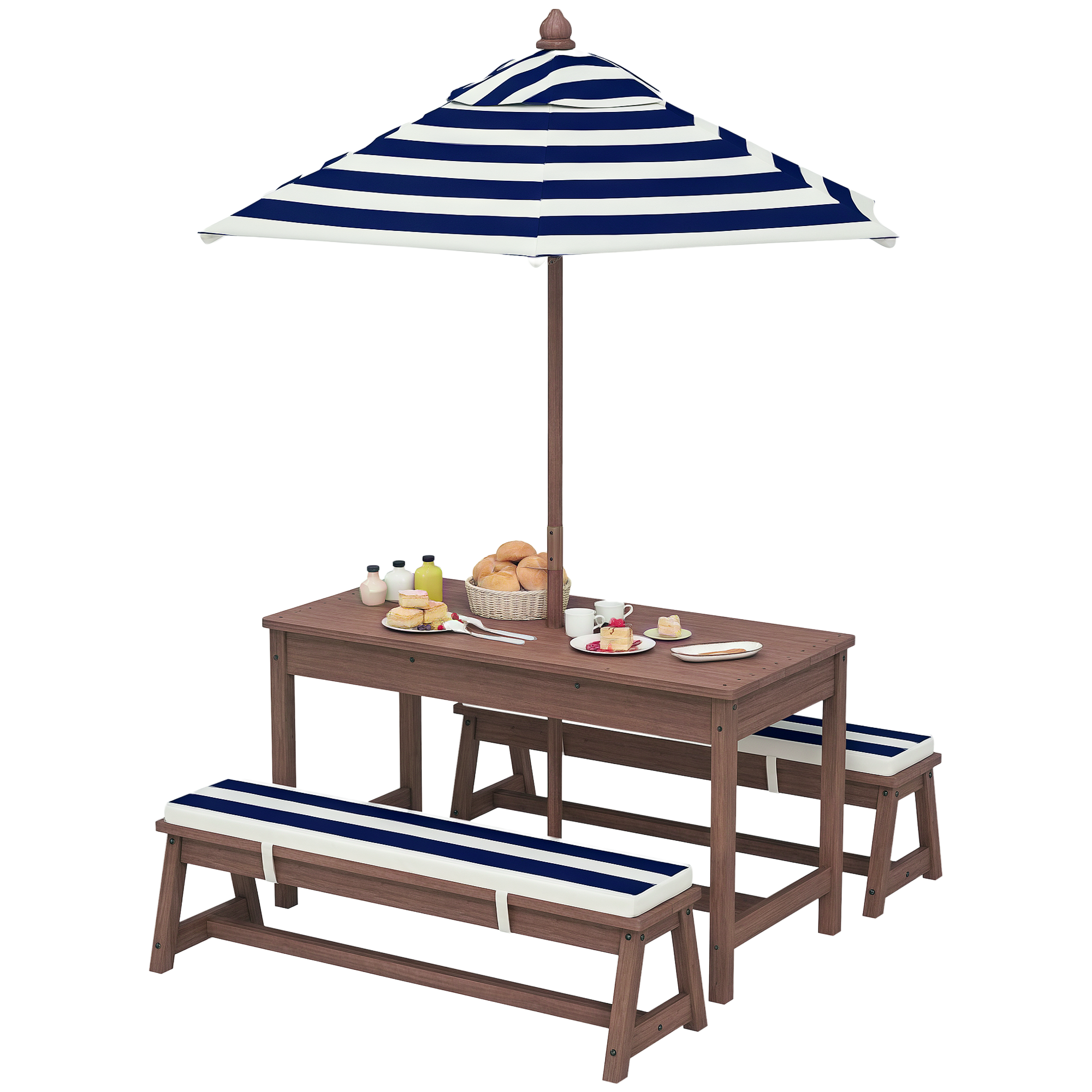 Outdoor Wooden Kids Picnic Table & Bench Set with Cushions and Umbrella, for Patio, Garden, Navy Blue (Drop Shipping Only, Not for Amazon)