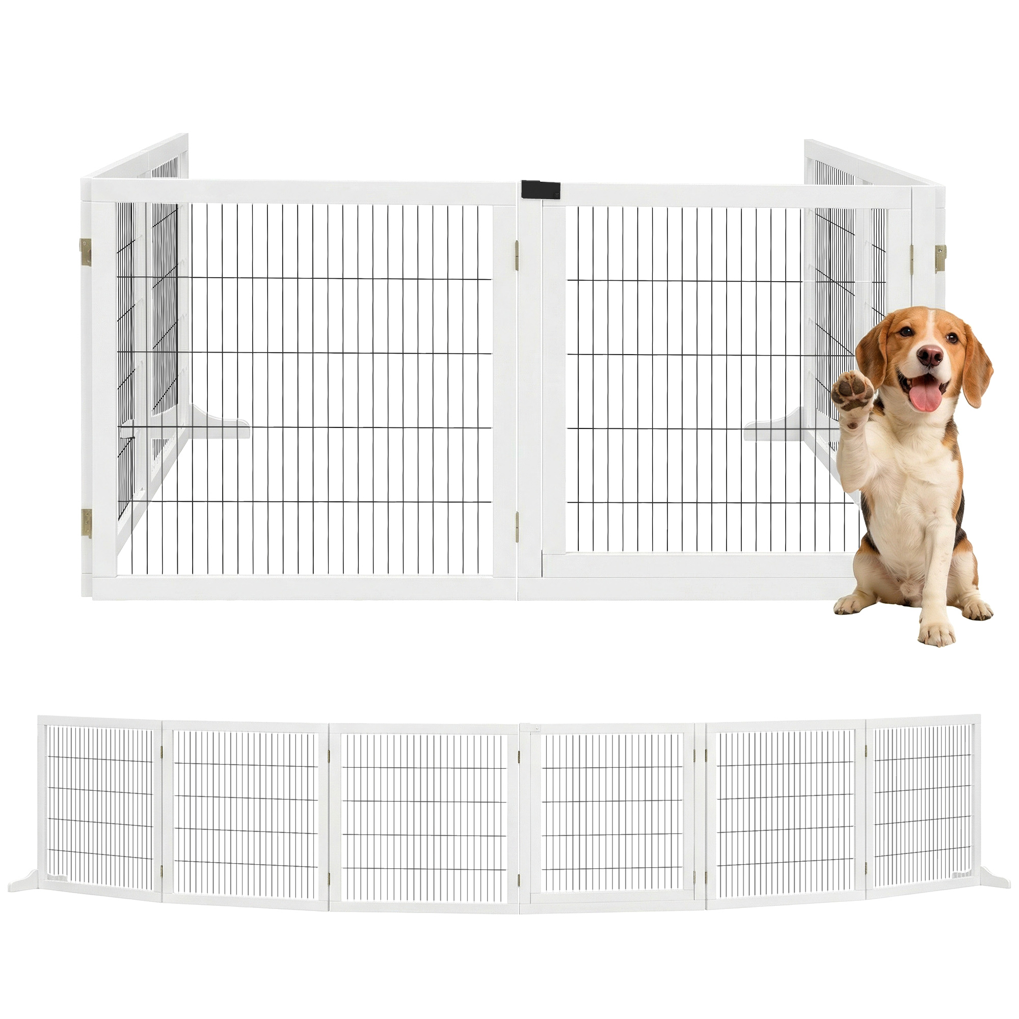 Wooden Pet Gate, Freestanding Dog Security Barrier, w/ 2 Support Feet, White (Drop Shipping Only, Not for Amazon)