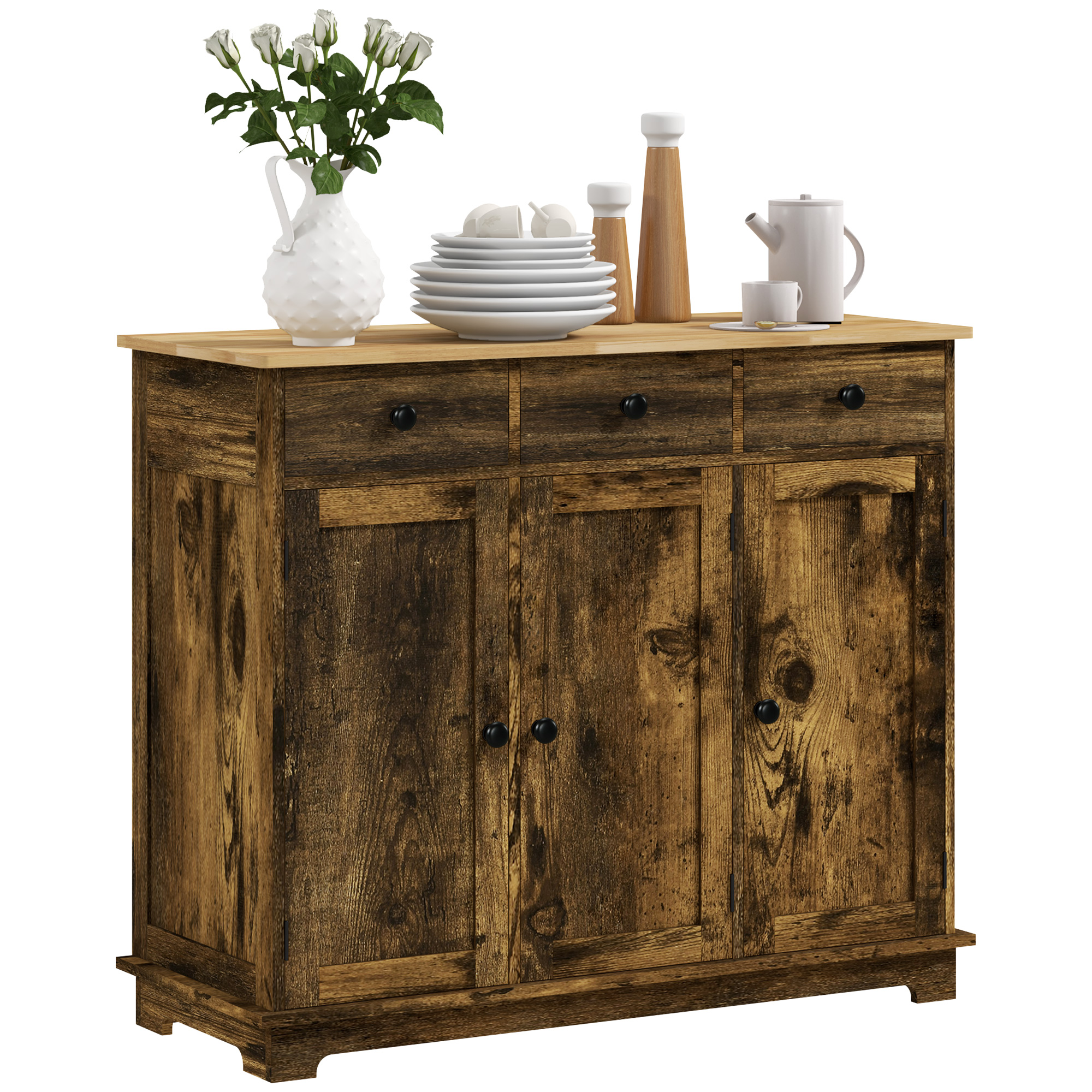 Sideboard with Rubberwood Top and Adjustable Shelves for Dining Room, Kitchen - Rustic Brown (Drop Shipping Only, Not for Amazon)