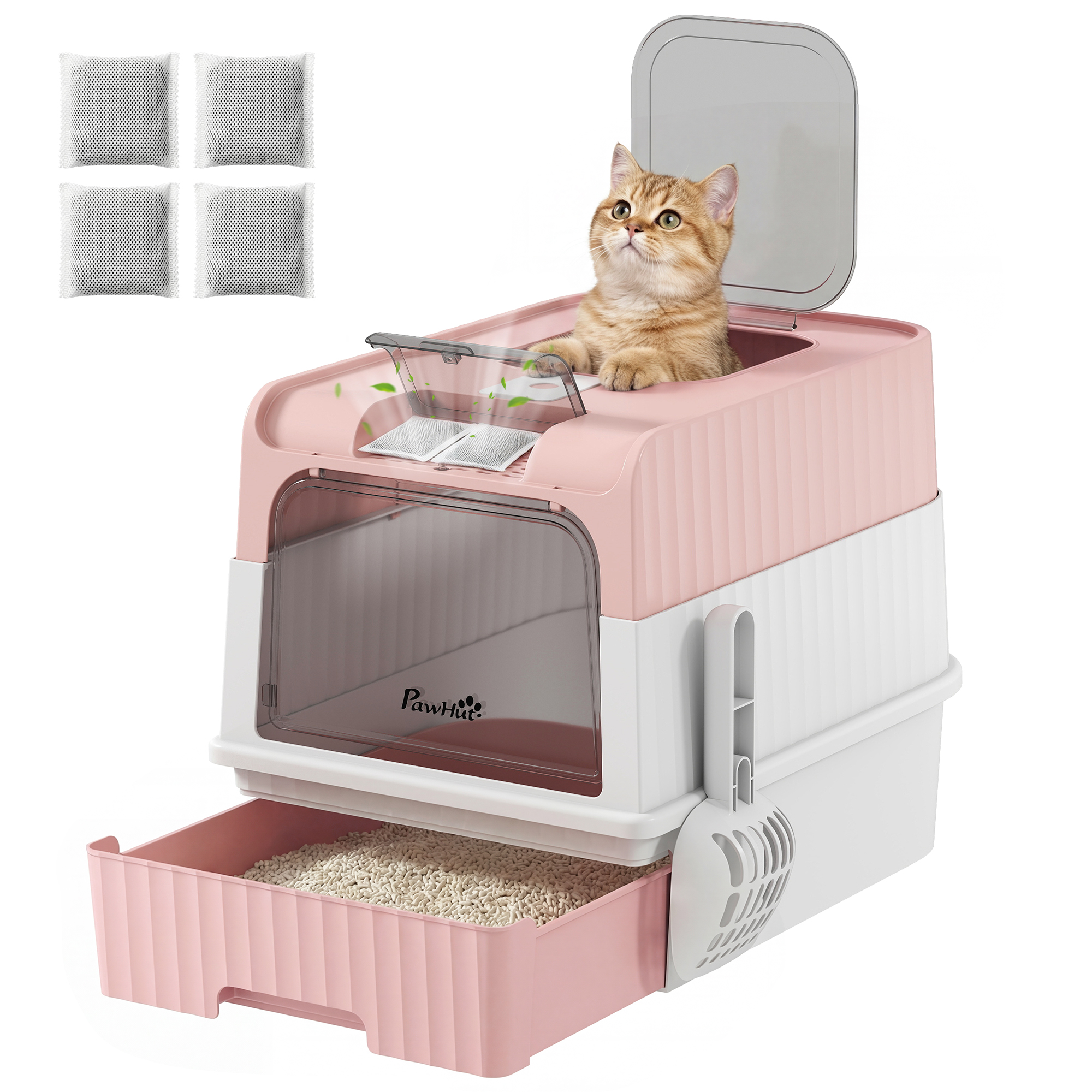 Enclosed Cat Litter Box with Lid, Pull-Out Drawer Tray, Scoop, 4 Deodorisation Bags, Front Entry & Top Exit, Pink (Drop Shipping Only, Not for Amazon)