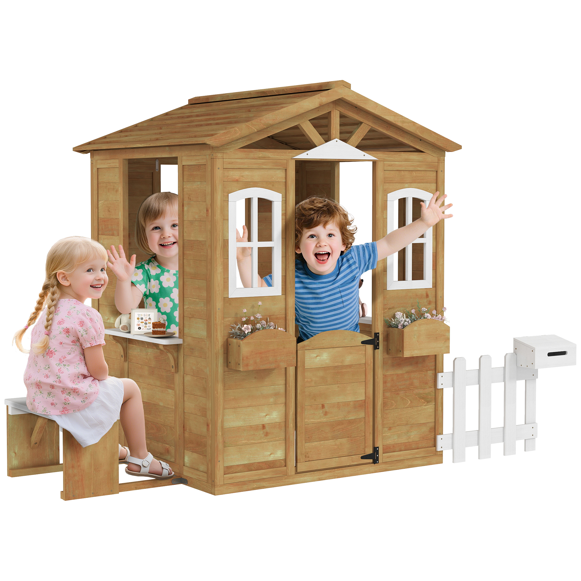 Wooden Playhouse for Kids with Door, Windows, Mailbox, Flower Pot Holder, Serving Station, Bench for Children, Yellow (Drop Shipping Only, Not for Amazon)