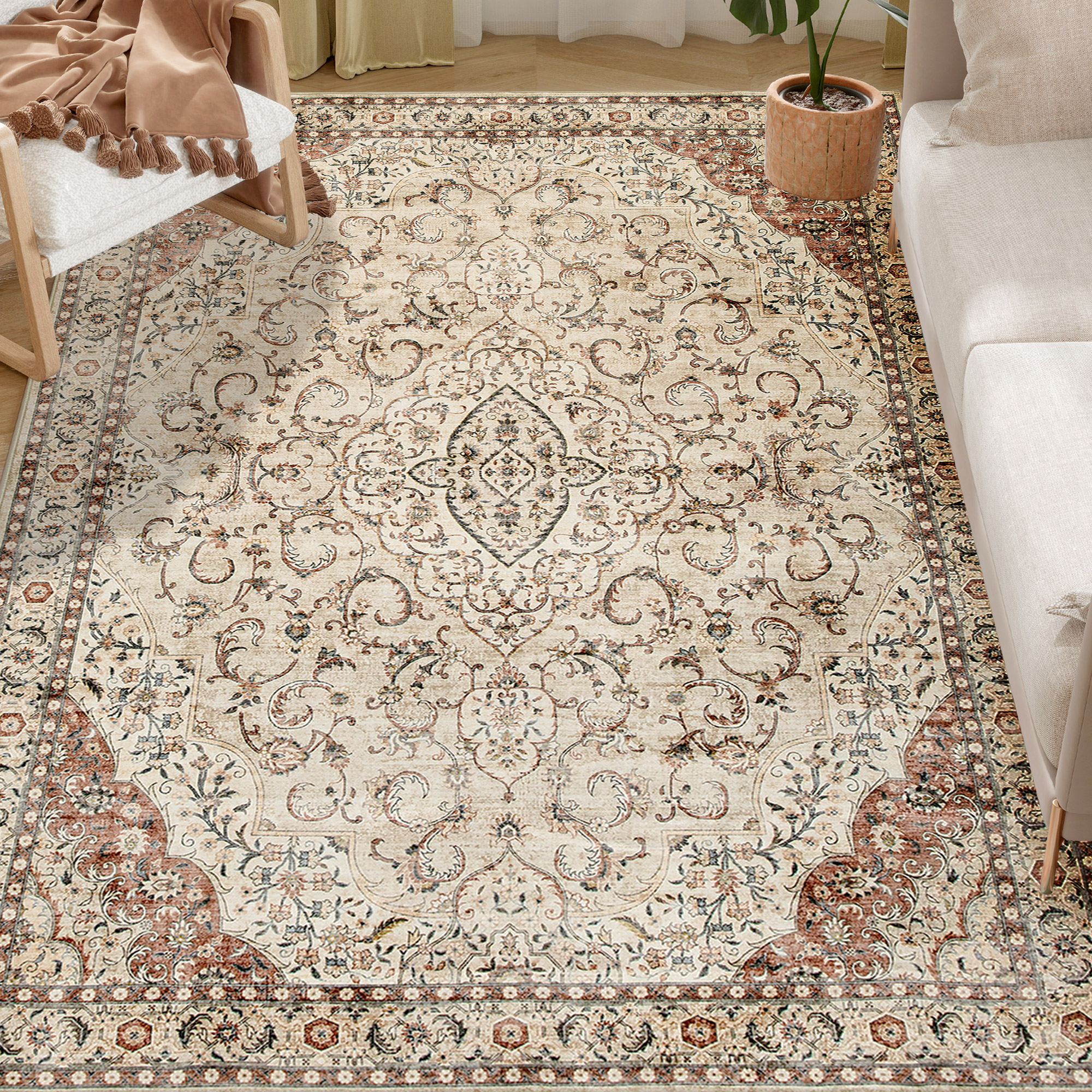 Area Rug 4x6, Machine Washable Rug, Non-Slip Classical Floral Print Floor Carpet for Living Room, Bedroom, Mixed-Brown (Drop Shipping Only, Not for Amazon)