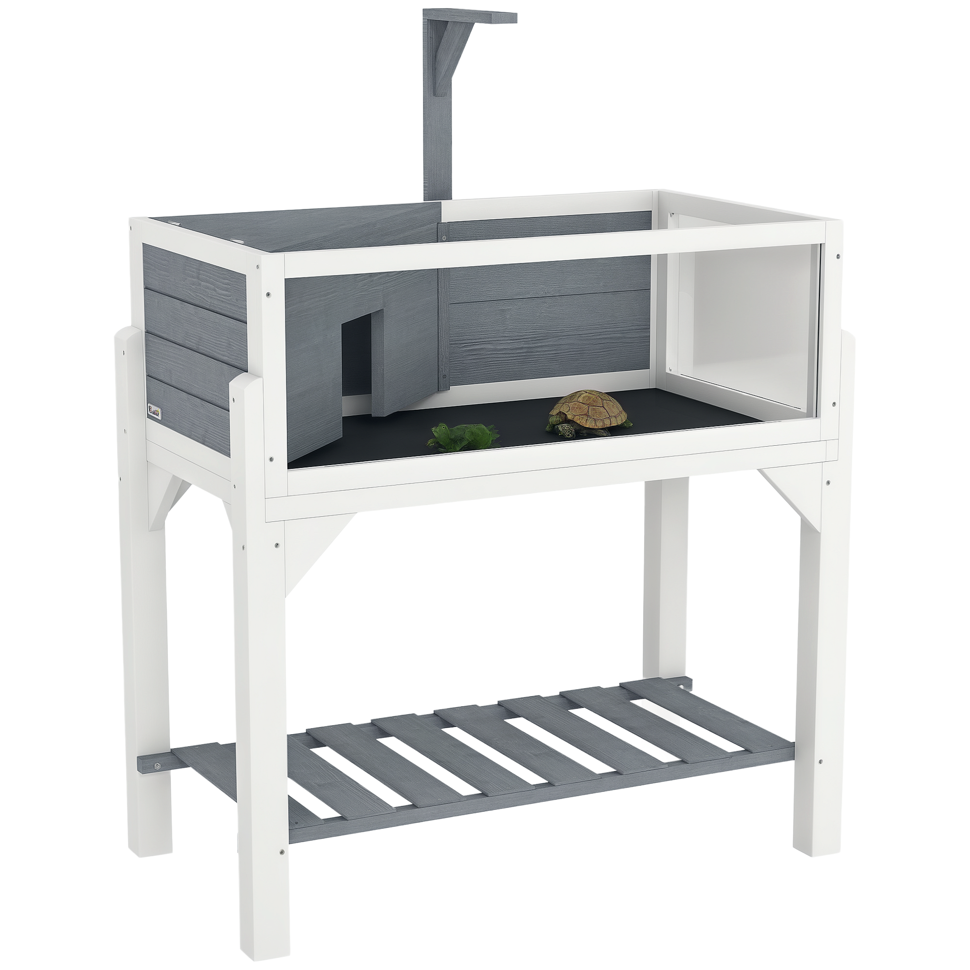 Wooden Tortoise House with Storage Shelf, Clear Observation Windows, Lamp Holder, Openable Top, Built-in Tray, Grey (Drop Shipping Only, Not for Amazon)