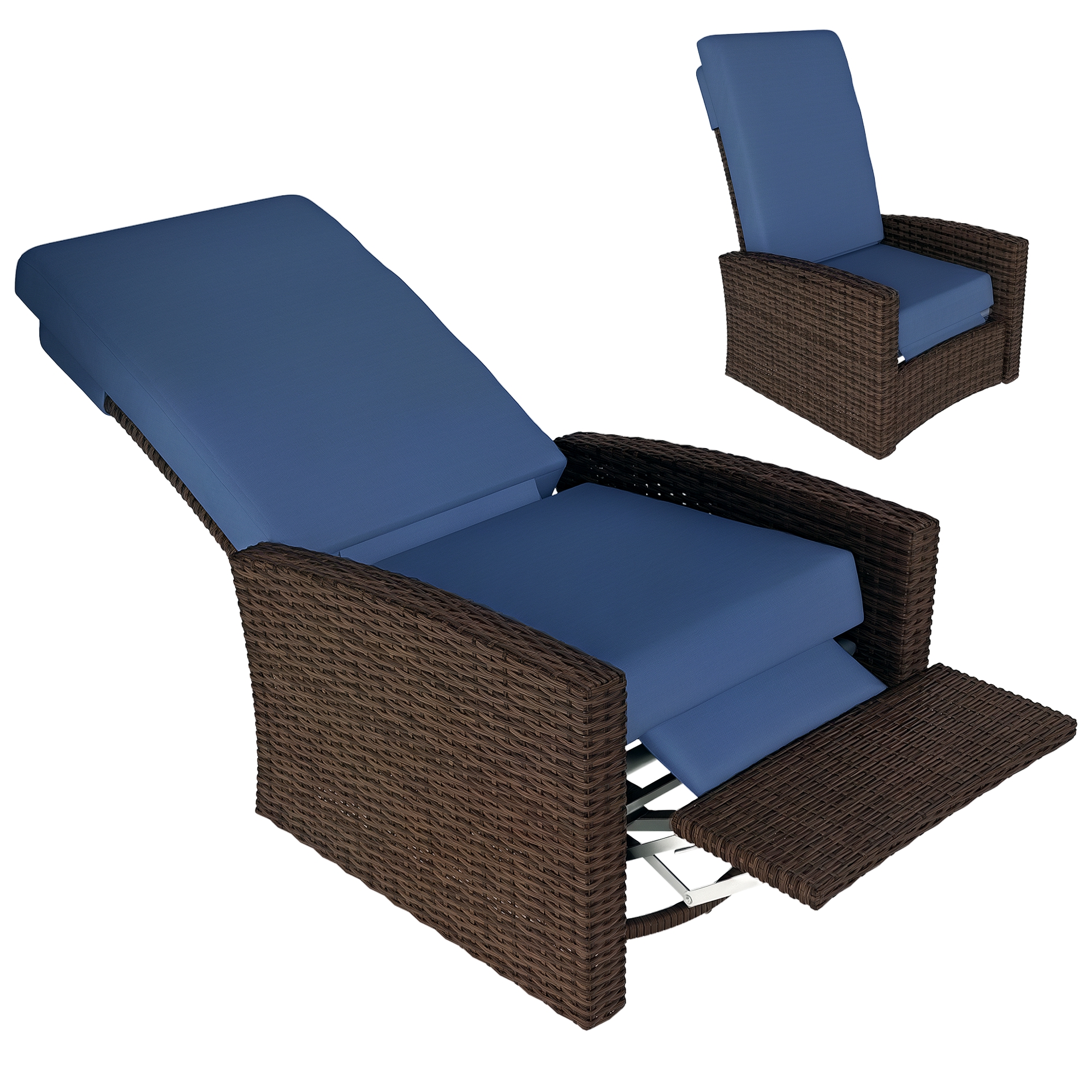 Outdoor Wicker Swivel Recliner Chair, Lifting Footrest, 360° Rotating Basic, Water-resistant Cushions, Dark Blue (Drop Shipping Only, Not for Amazon)