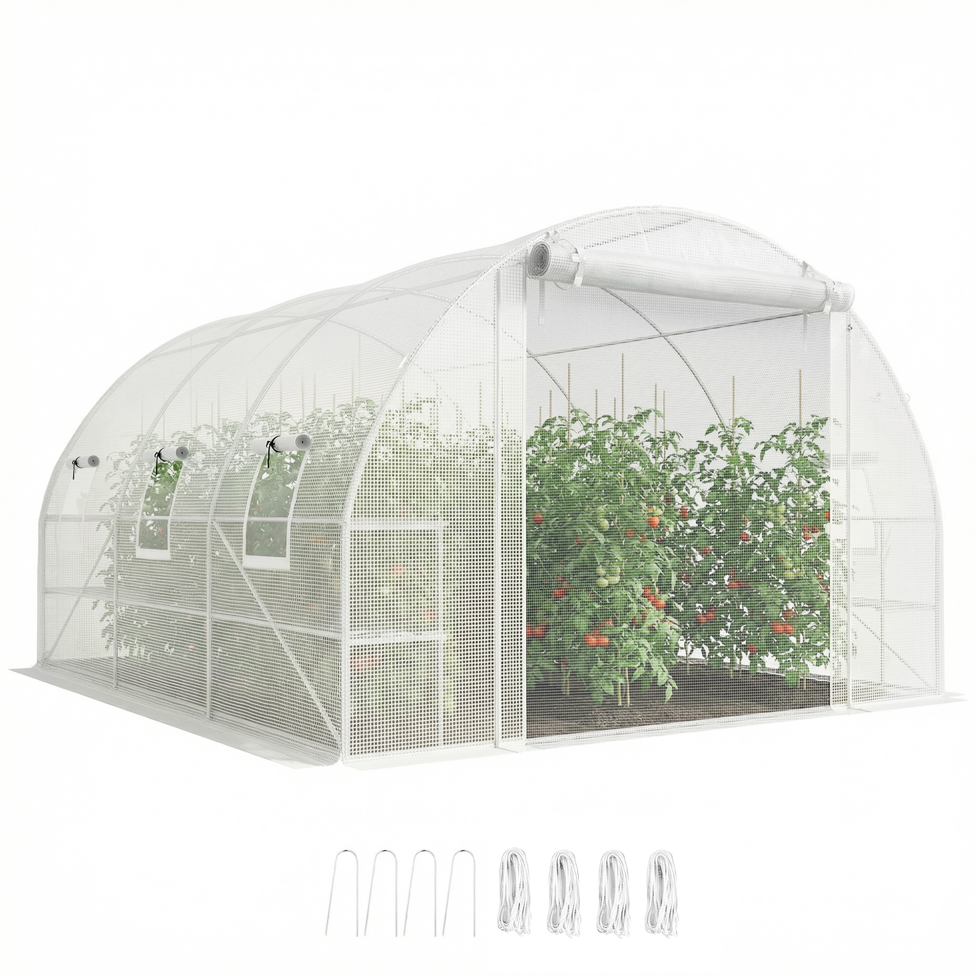 10'x11'x6' Walk-in Tunnel Greenhouse with Shelves, Mesh Door and Windows, Hoop House Greenhouse with PE Cover, White (Drop Shipping Only, Not for Amazon)