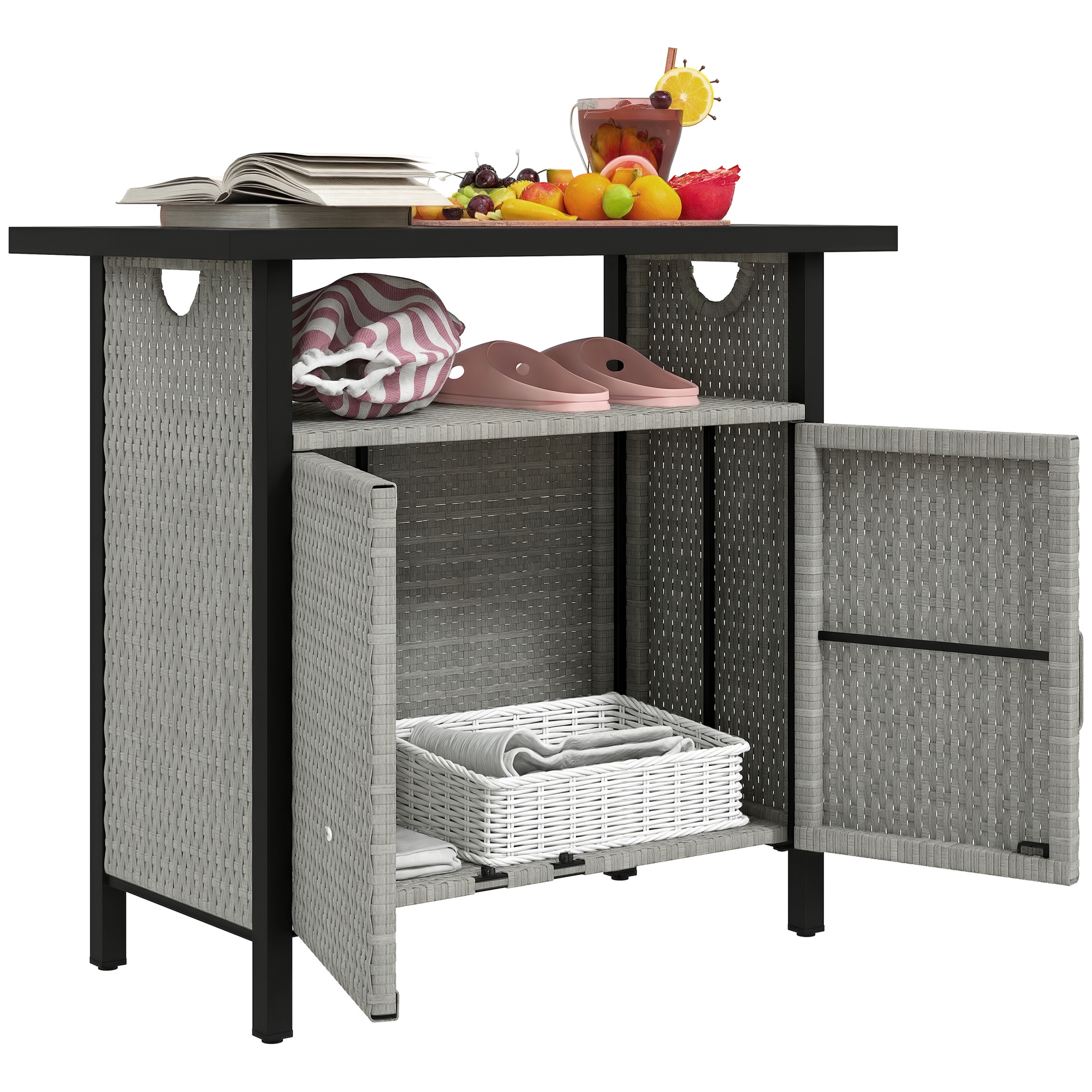 Outdoor Pool Towel Storage Cabinet Organizer, Outdoor Bar Table with Shelf and Cabinet, Pool Towel Holder Pool Valet with Weather-Resistant PE Rattan and Steel Frame, Mixed-Gray (Drop Shipping Only, Not for Amazon)