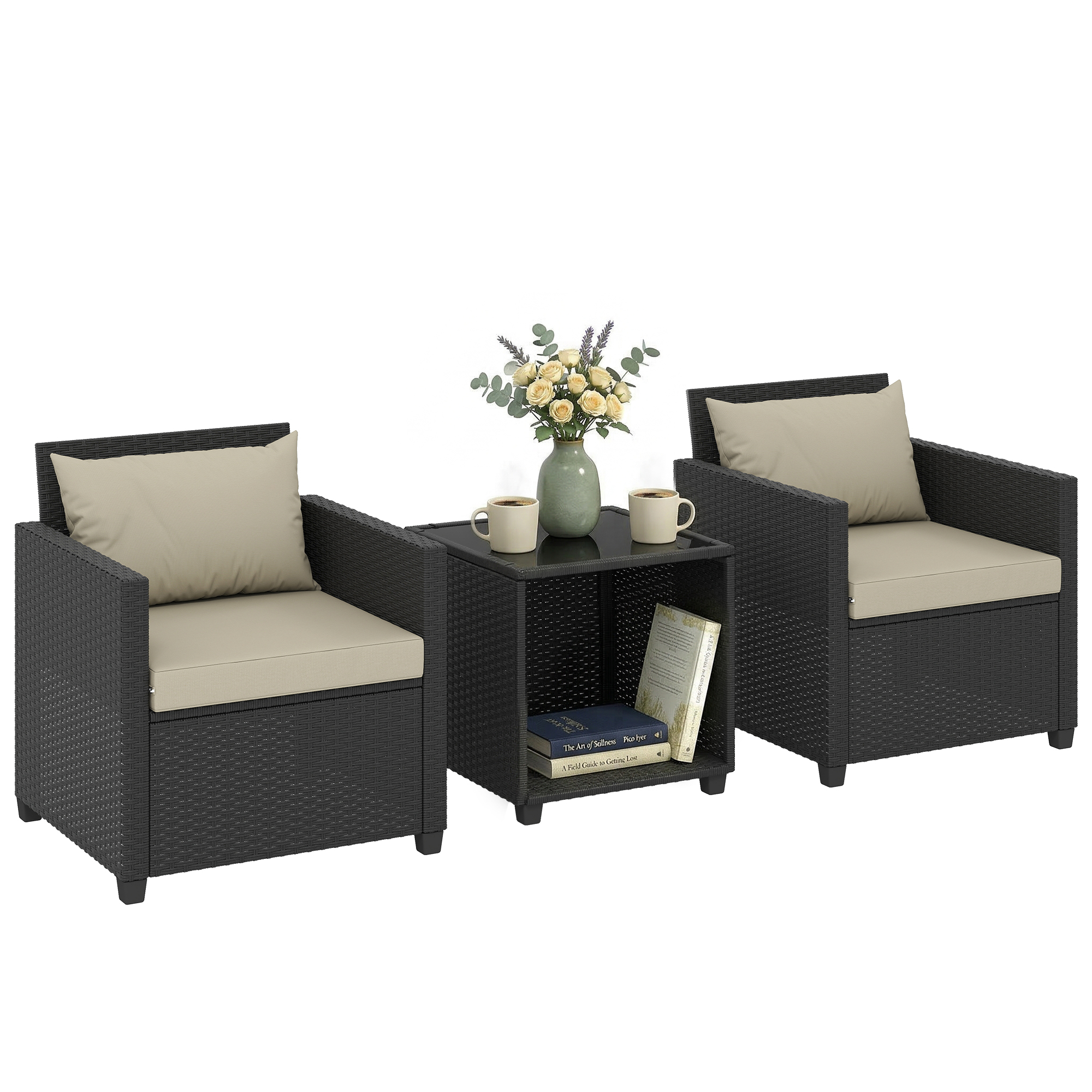 3 Piece Patio Bistro Set, Wicker Furniture Set with Thick Cushions, Glass Coffee Table and Chairs for Garden, Beige (Drop Shipping Only, Not for Amazon)