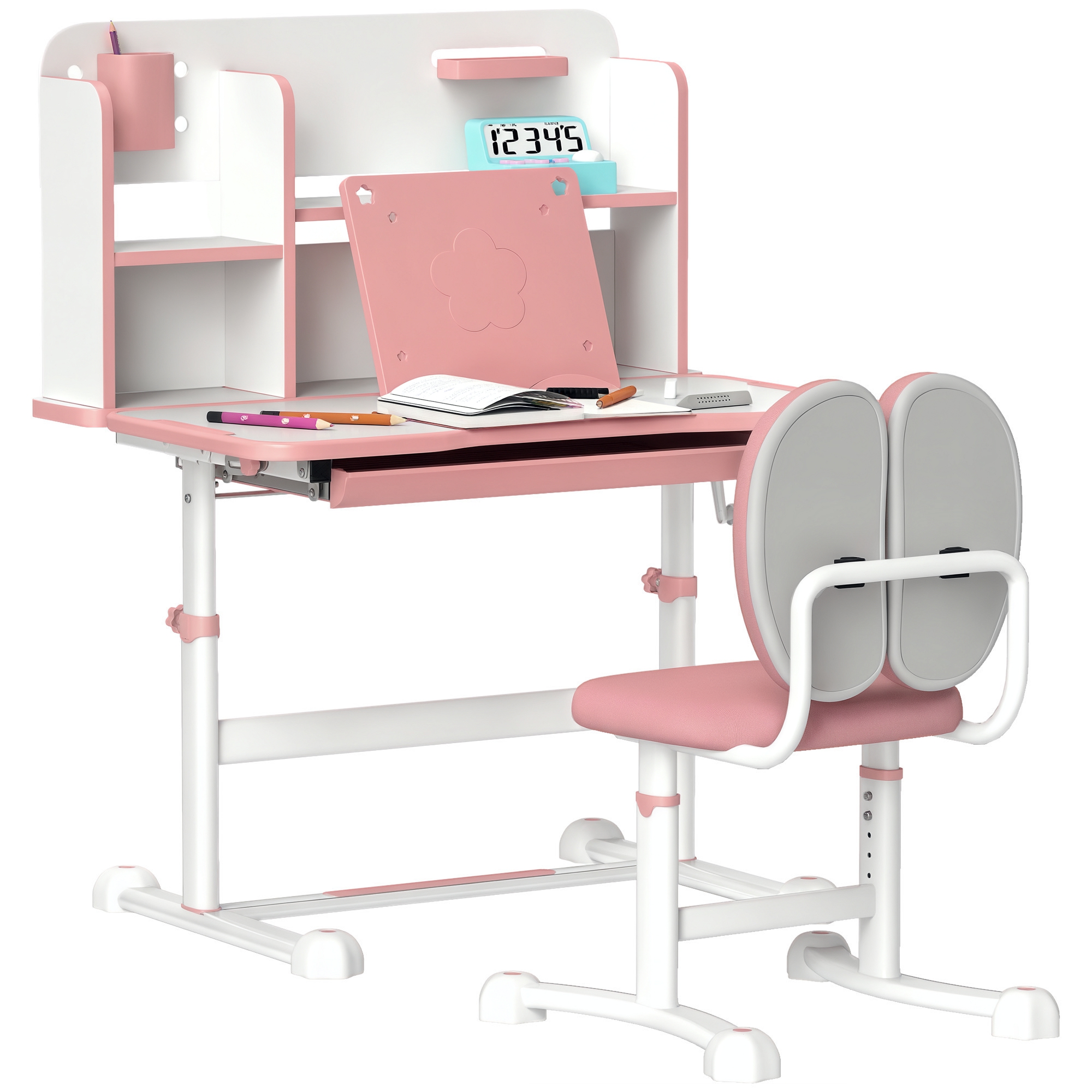 Height Adjustable Kids Desk and Chair Set for Writing Drawing w/ Tilt Desktop, Storage Drawer and Reading Rack, Gray (Drop Shipping Only, Not for Amazon)