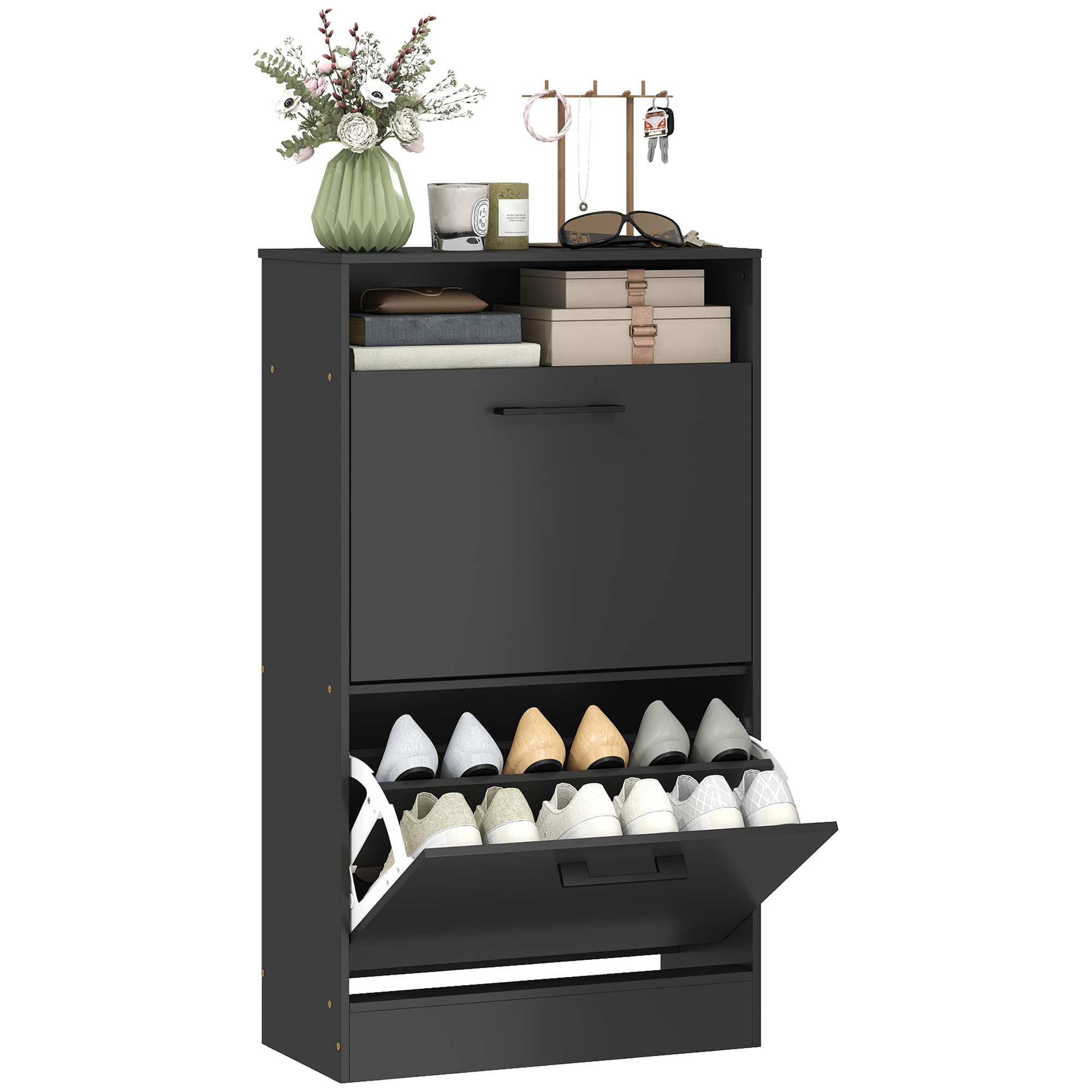 Shoe Cabinet 2 Flip Drawers Adjustable Dividers Shoe Storage Cabinet Top Shelf Entryway White (Drop Shipping Only, Not for Amazon)