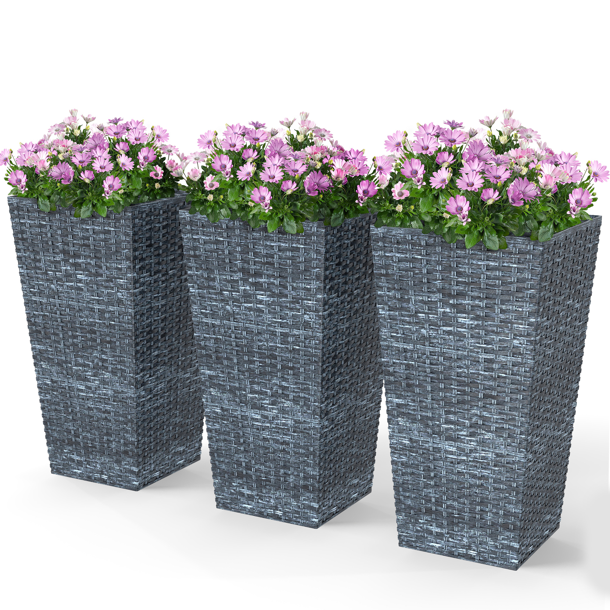 Tall Planters for Outdoor Plants Set of 3, 24 In Taper Planters with Drainage Holes, Rattan Decor Plant Pots for Indoor Outdoor Front Porch Patio Backyard, Gray (Drop Shipping Only, Not for Amazon)