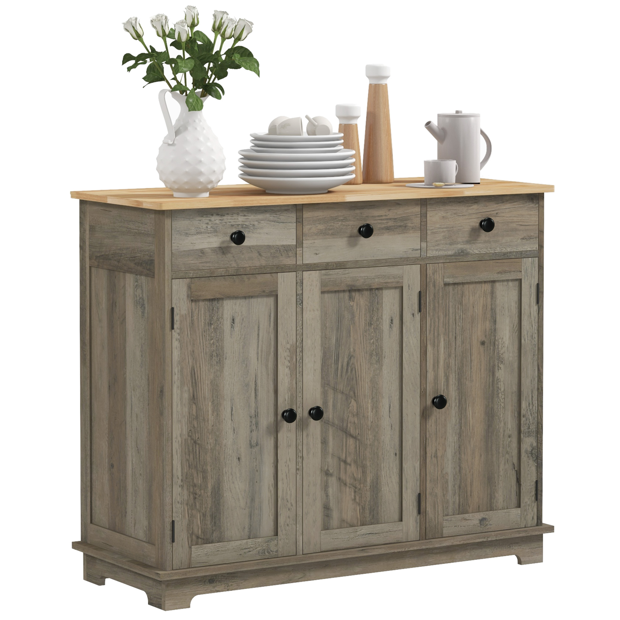 Sideboard with Rubber Wood Top, Modern Storage Cabinet, Kitchen Cupboard with 3 Doors, 3 Drawers and 3 Adjustable Shelves for Dining Room, Living Room, White (Drop Shipping Only, Not for Amazon)