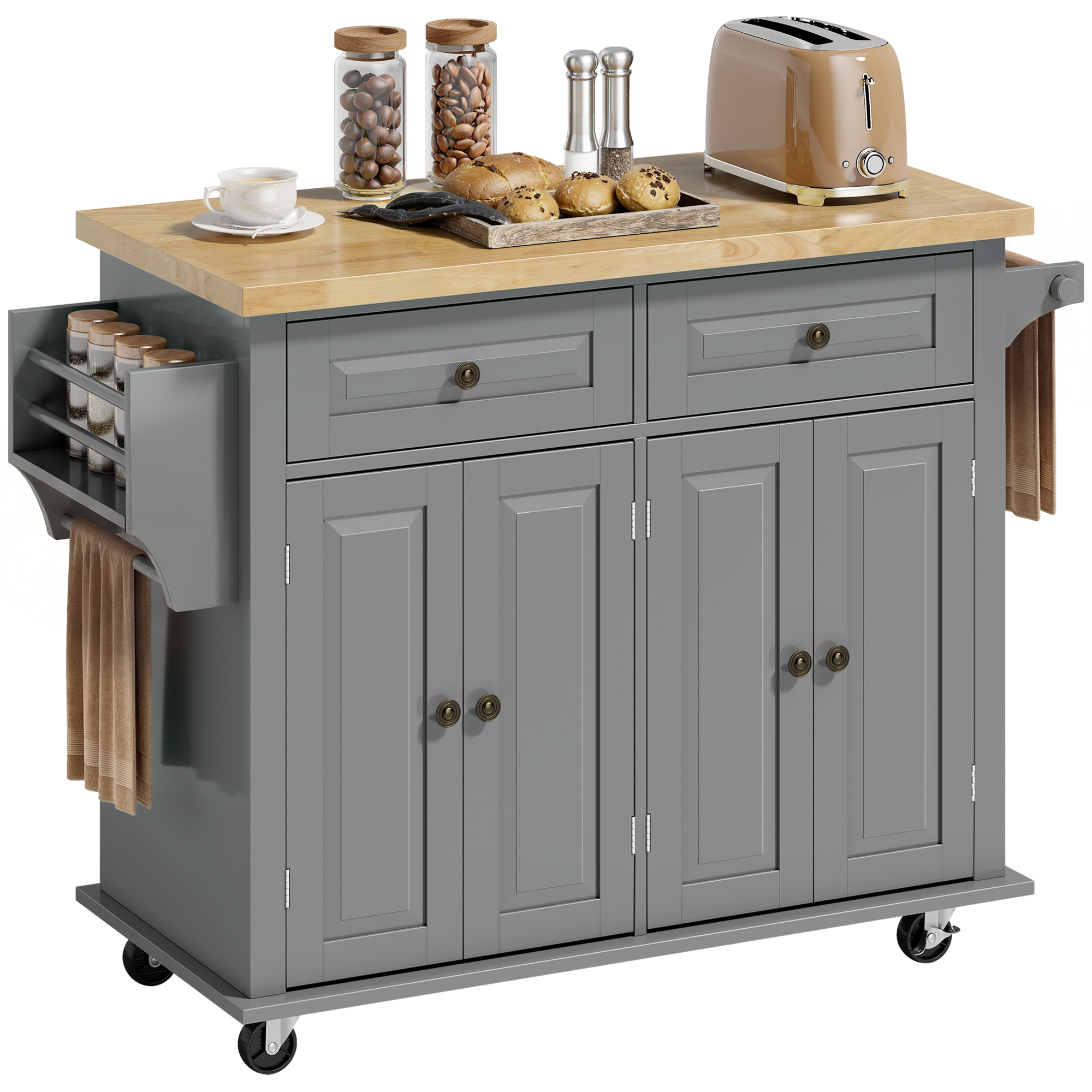 Rolling Kitchen Island Storage Trolley with Rubber Wood Top & Drawers for Dining Room, Grey (Drop Shipping Only, Not for Amazon)