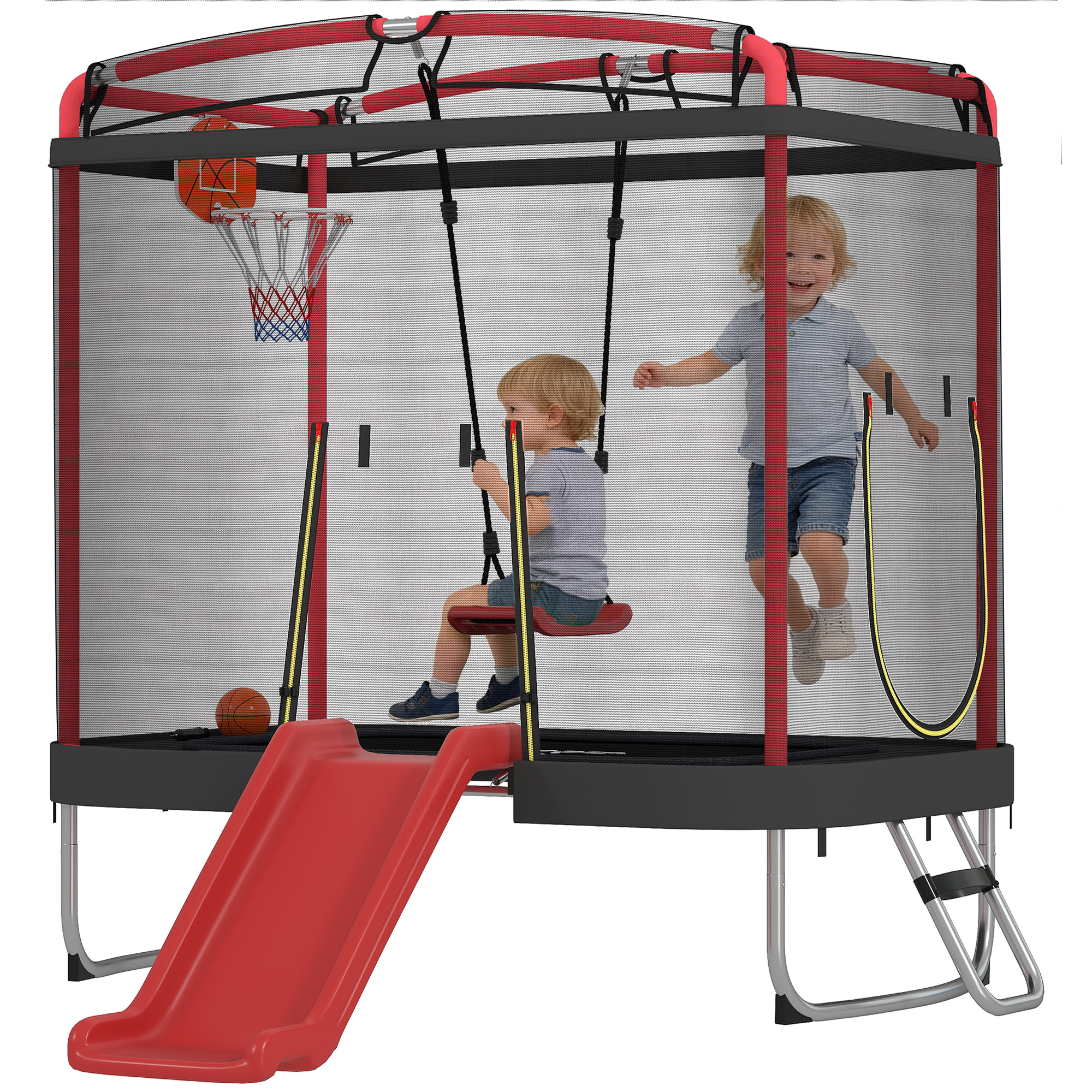 Qaba 4 x 6FT Trampoline for Kids Indoor & Outdoor with Slide, Swing, Basketball Hoop and Safety Enclosure, Red (Drop Shipping Only, Not for Amazon)