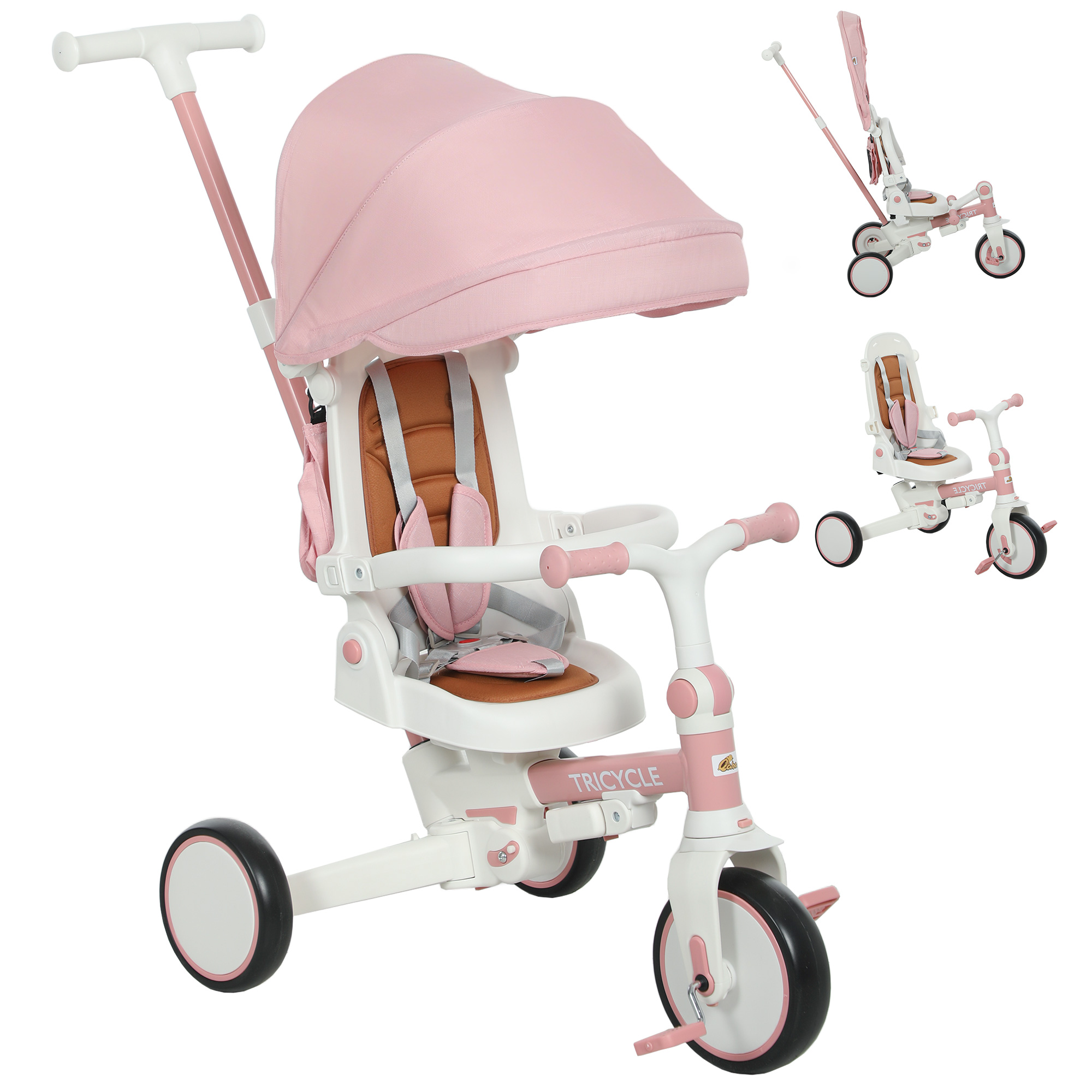 7 in 1 Tricycle Stroller for Toddler 1-5 Years w/ Adjustable Push Handle, Rotatable Seat, Removable Canopy, Pink (Drop Shipping Only, Not for Amazon)