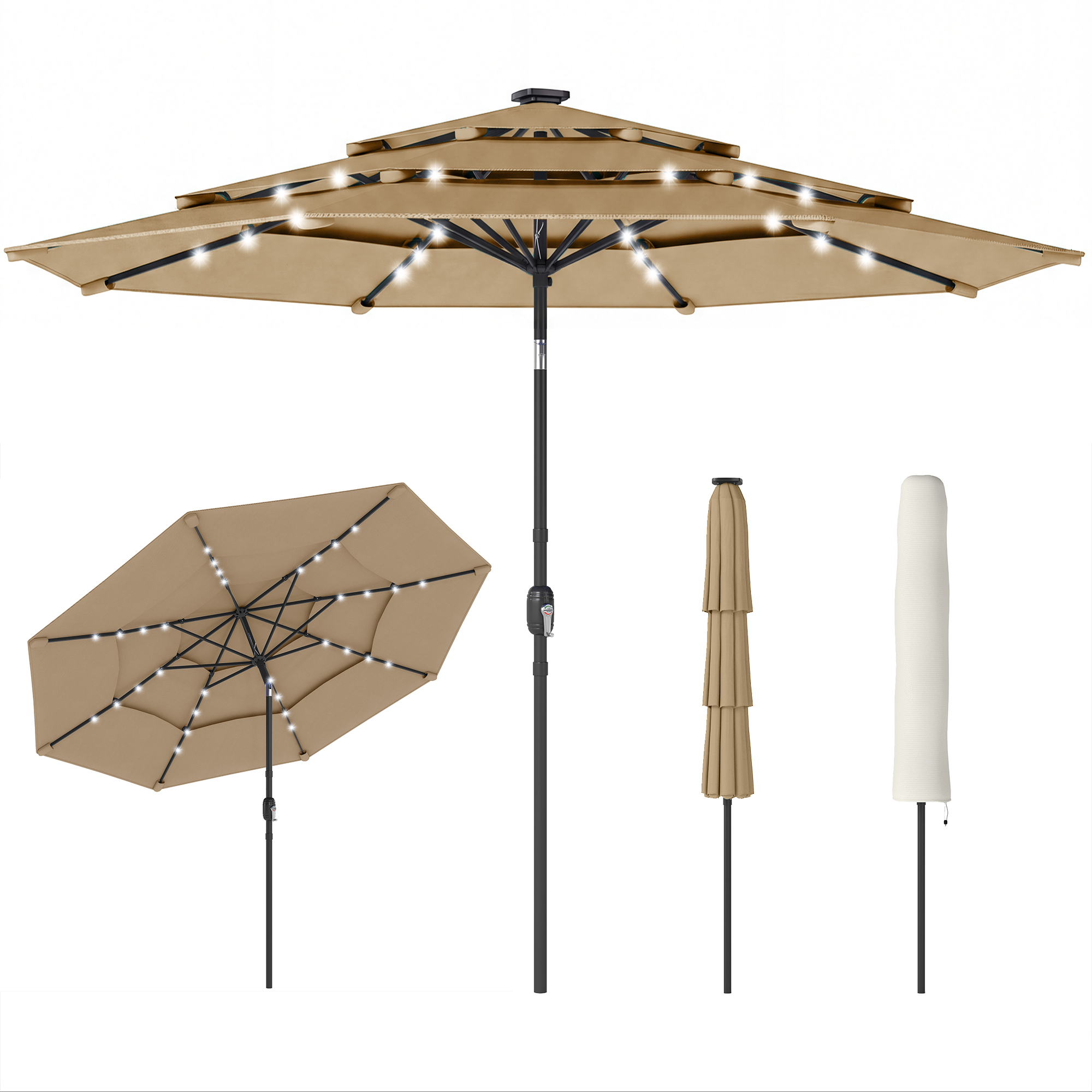 9.7 ft Outdoor Patio Umbrella with Solar LED Lights, 3 Tier Outdoor Table Umbrella with Tilt, Crank, Khaki (Drop Shipping Only, Not for Amazon)