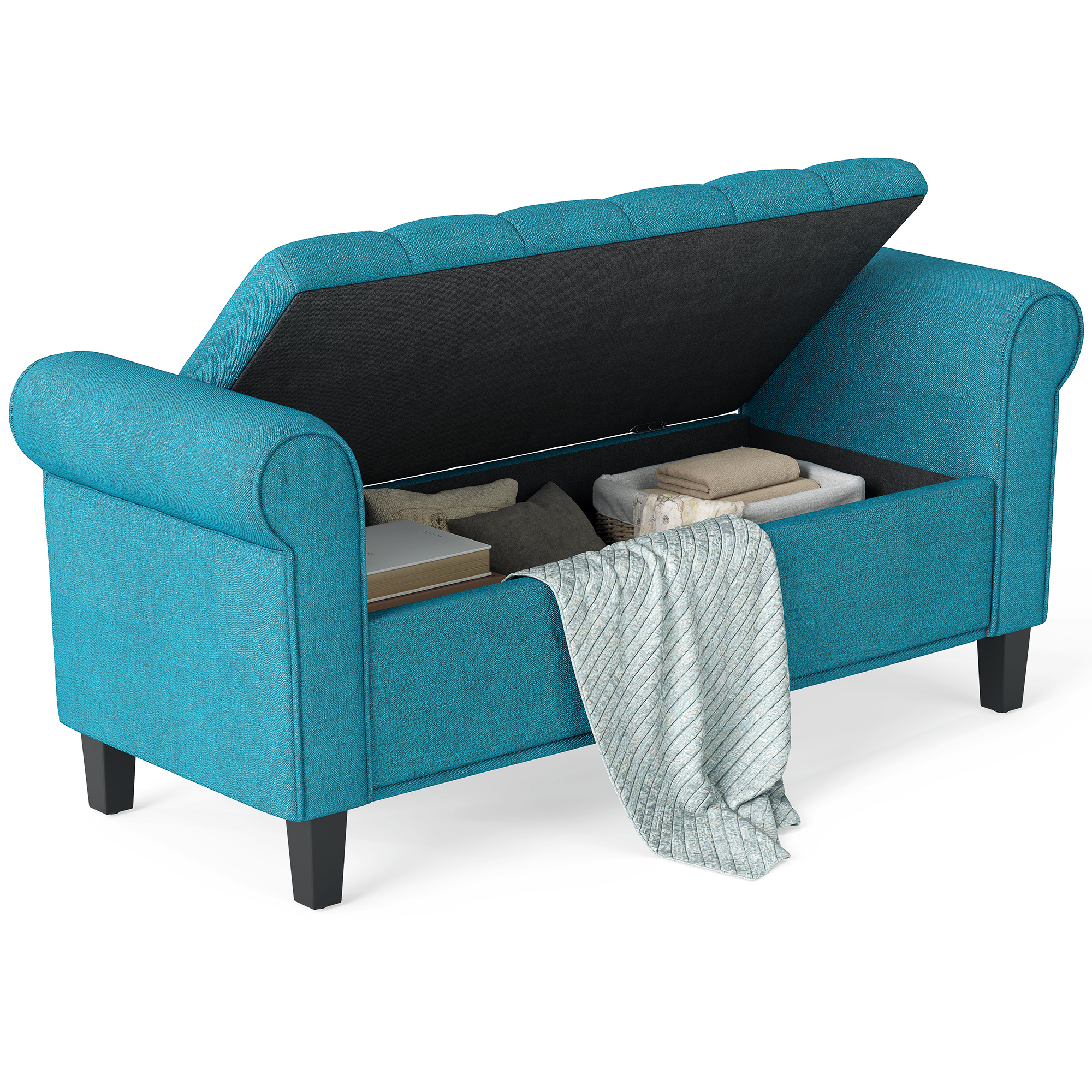 50 Inches Storage Ottoman, End of Bed Bench with Rolled Arms, Wood Legs, Button Tufted Storage Bench, Teal (Drop Shipping Only, Not for Amazon)