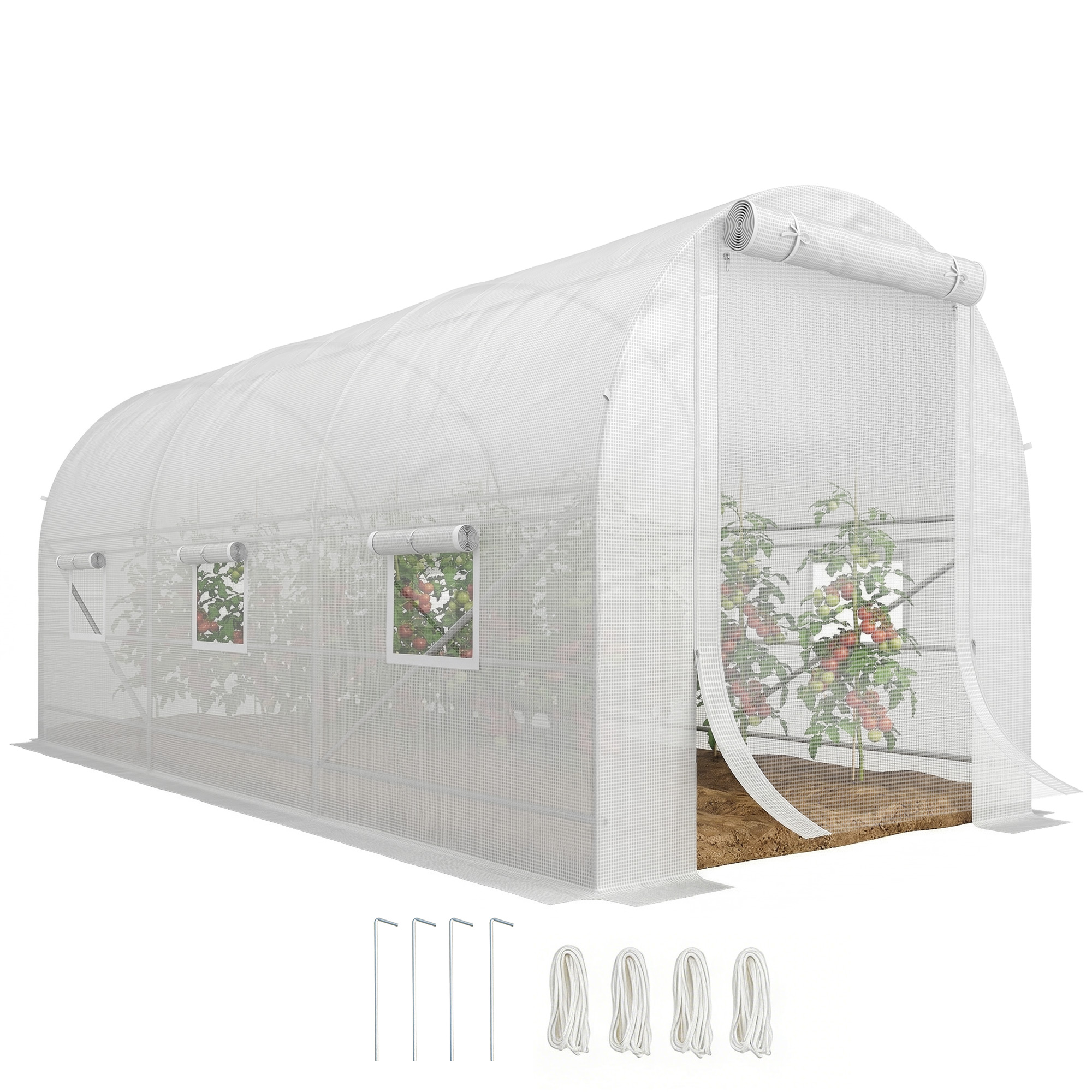 14.6' x 6.6' x 6.6' Walk-In Tunnel Greenhouse, Large Garden Hot House Kit with 6 Roll-up Windows & Roll Up Door, Steel Frame, White (Drop Shipping Only, Not for Amazon)