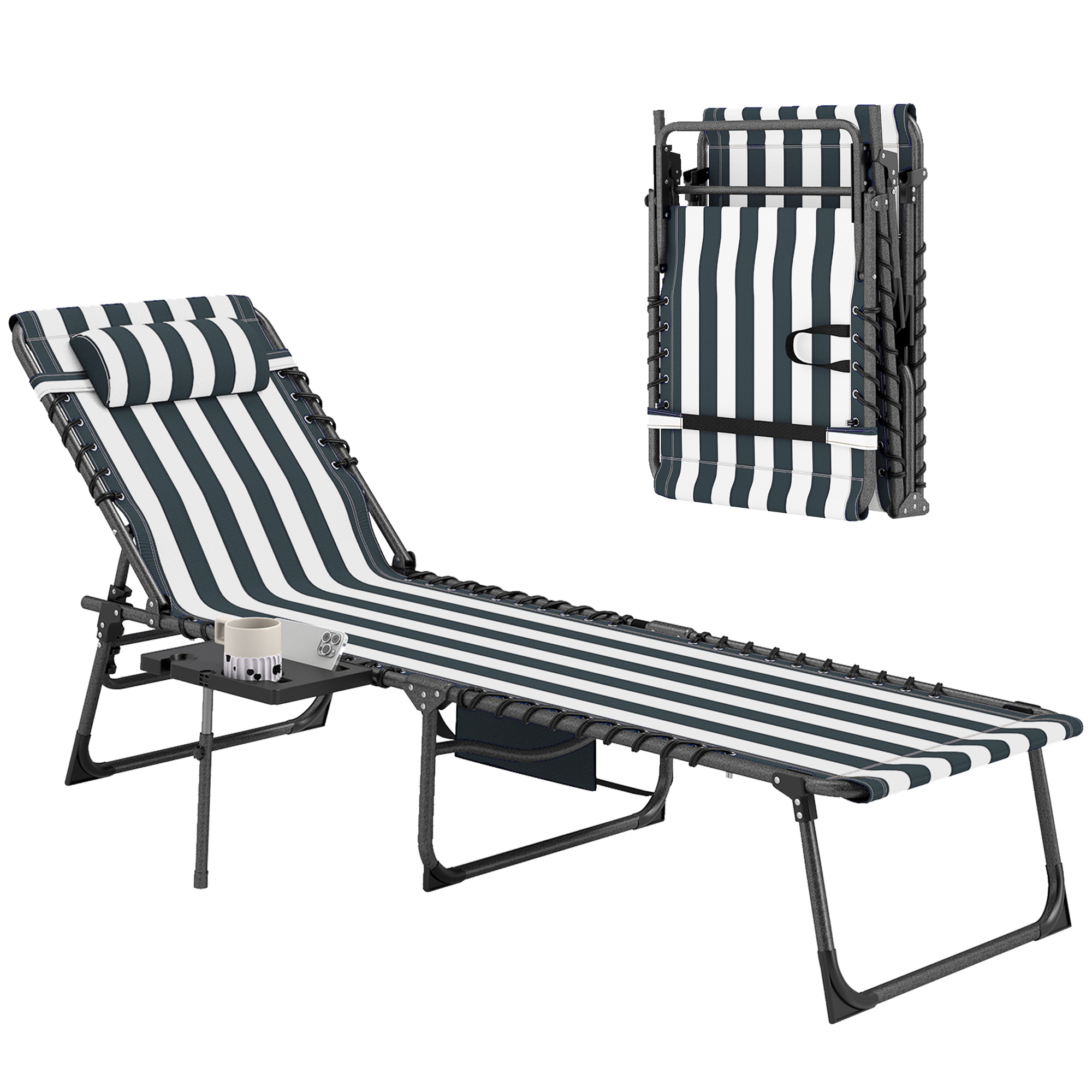 Folding Outdoor Chaise Lounge Chair Tanning Chair with 5-Level Adjustable Back, Side Table, Pillow, Pocket, Blue White (Drop Shipping Only, Not for Amazon)