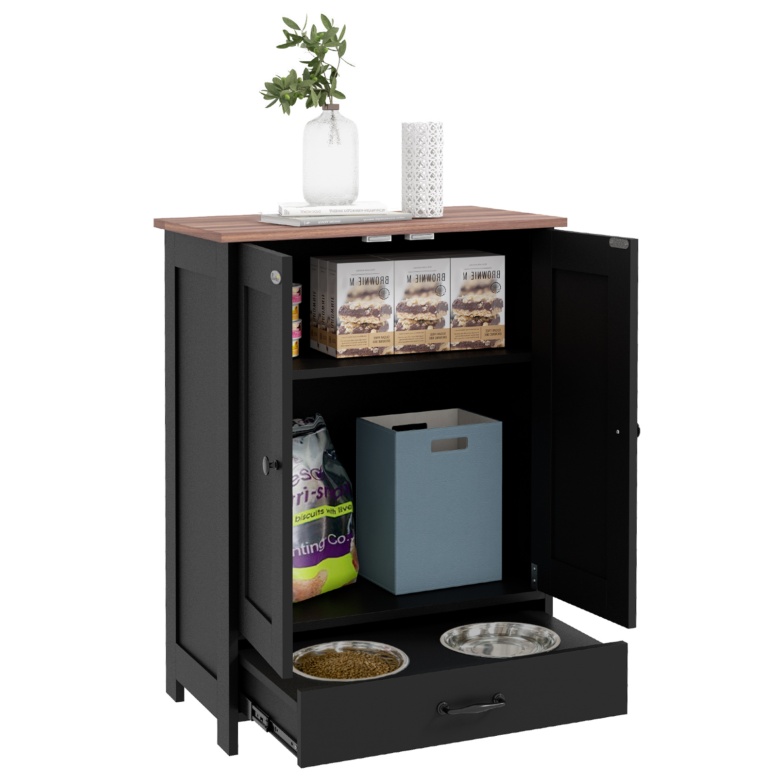 Pet Feeding Station with Raised Dog Bowls, Adjustable Panel, Hooks, Black (Drop Shipping Only, Not for Amazon)