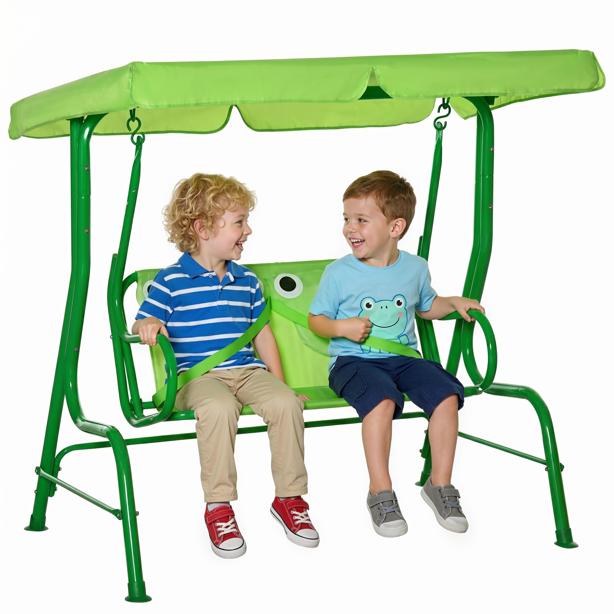 Kids Patio Swing, Adjustable Canopy Swing Glider, Kids Outdoor Swing Chair with 2 Seats, Seat-Belted Safety, Green (Drop Shipping Only, Not for Amazon)