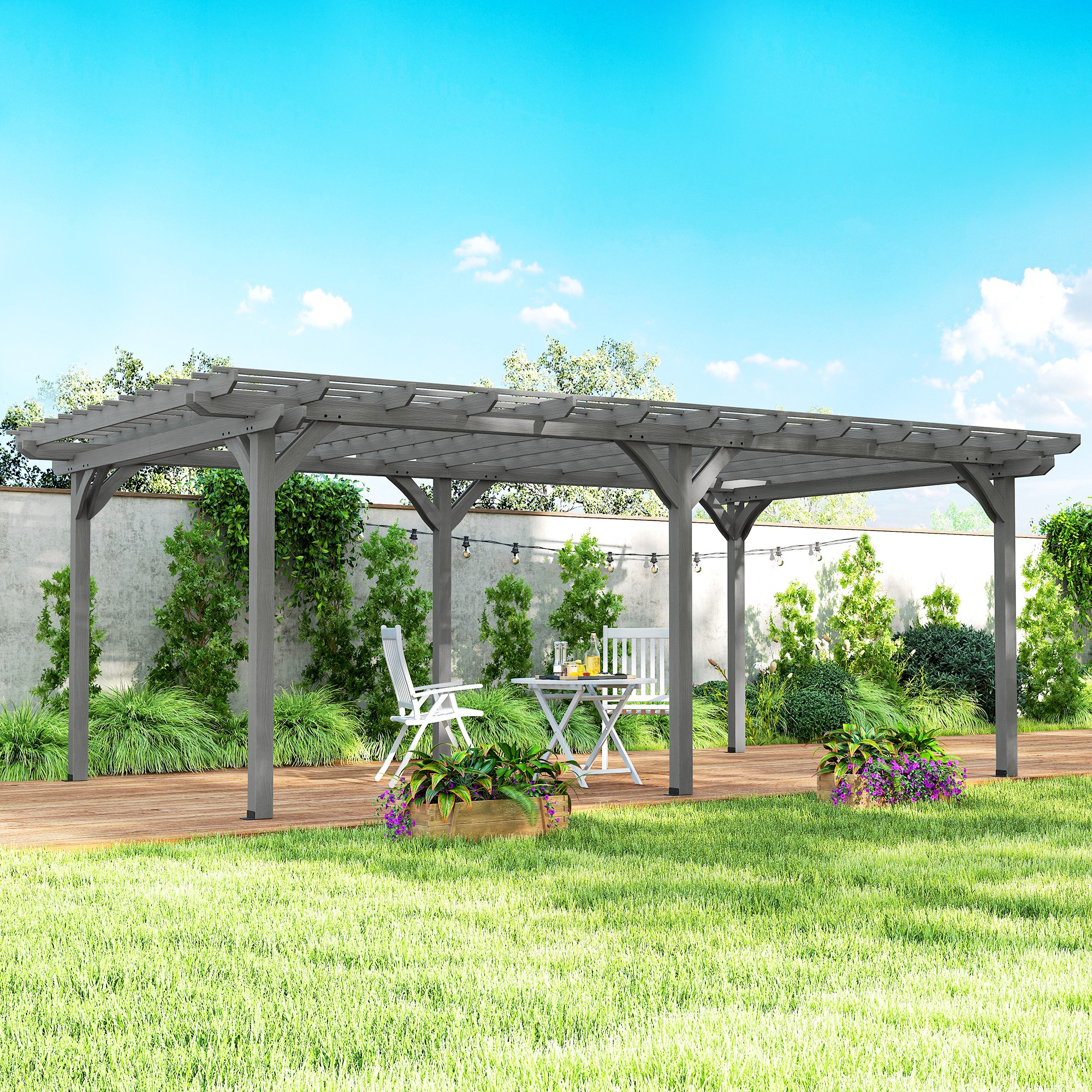 12' x 20' Outdoor Pergola, Wood Gazebo Grape Trellis with Stable Structure for Climbing Plant Support, Gray (Drop Shipping Only, Not for Amazon)