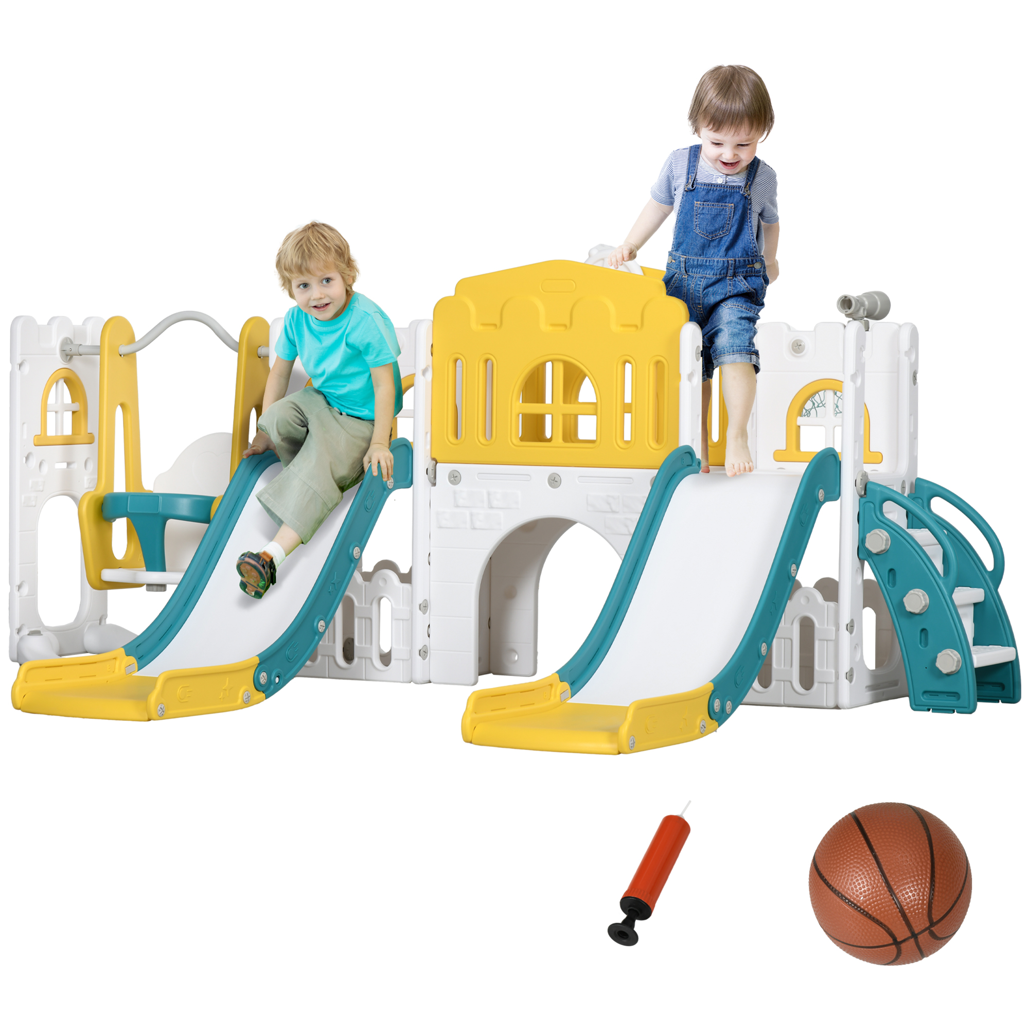 8 in 1 Toddler Slide and Swing Set w/ 2 Slides, Basketball Hoop, Climber, Storage Space Telescope, Yellow (Drop Shipping Only, Not for Amazon)