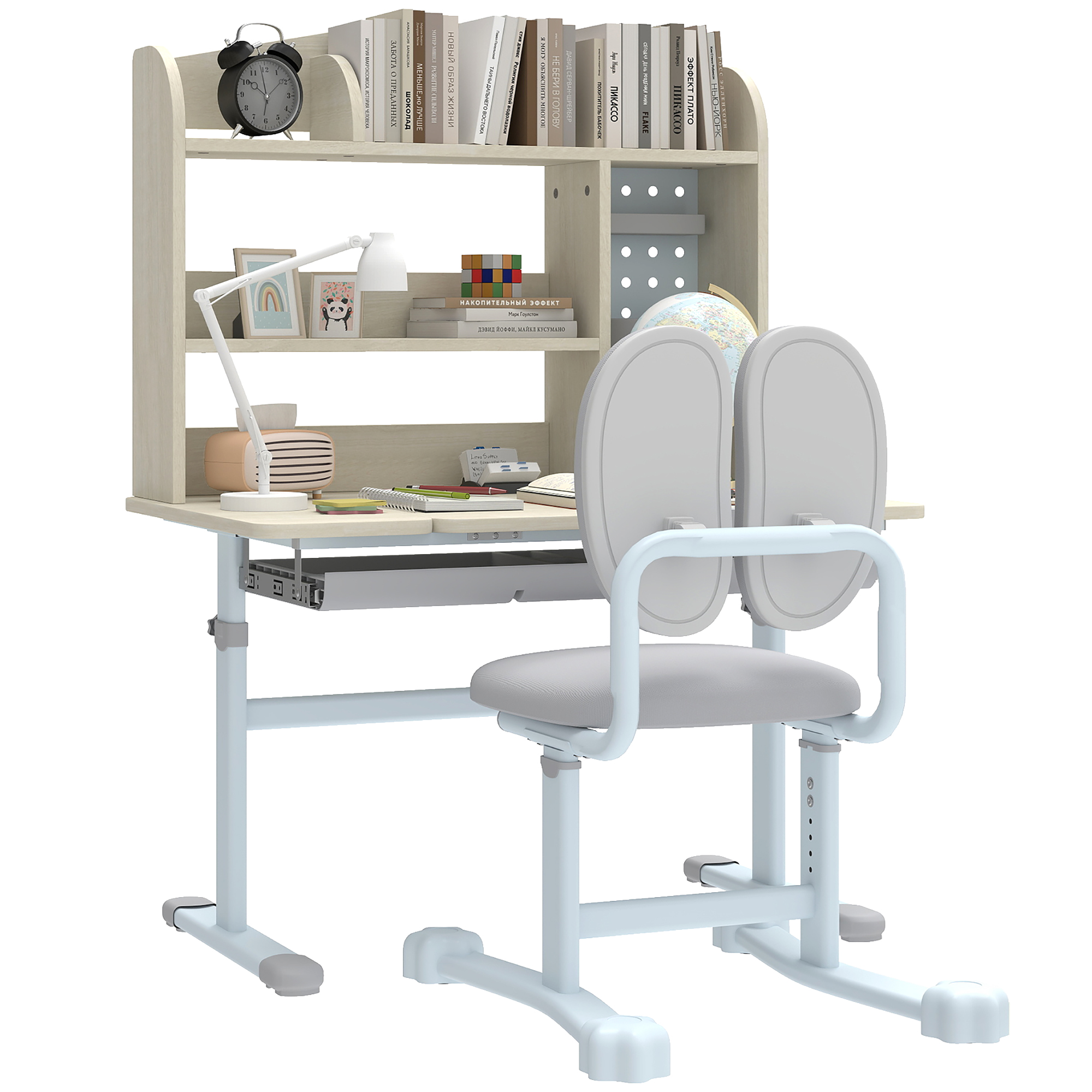 Qaba Kids Study Desk and Chair Set with Adjustable Height, Tiltable Desktop, Hutch and Drawer for Ages 3-12, Gray (Drop Shipping Only, Not for Amazon)