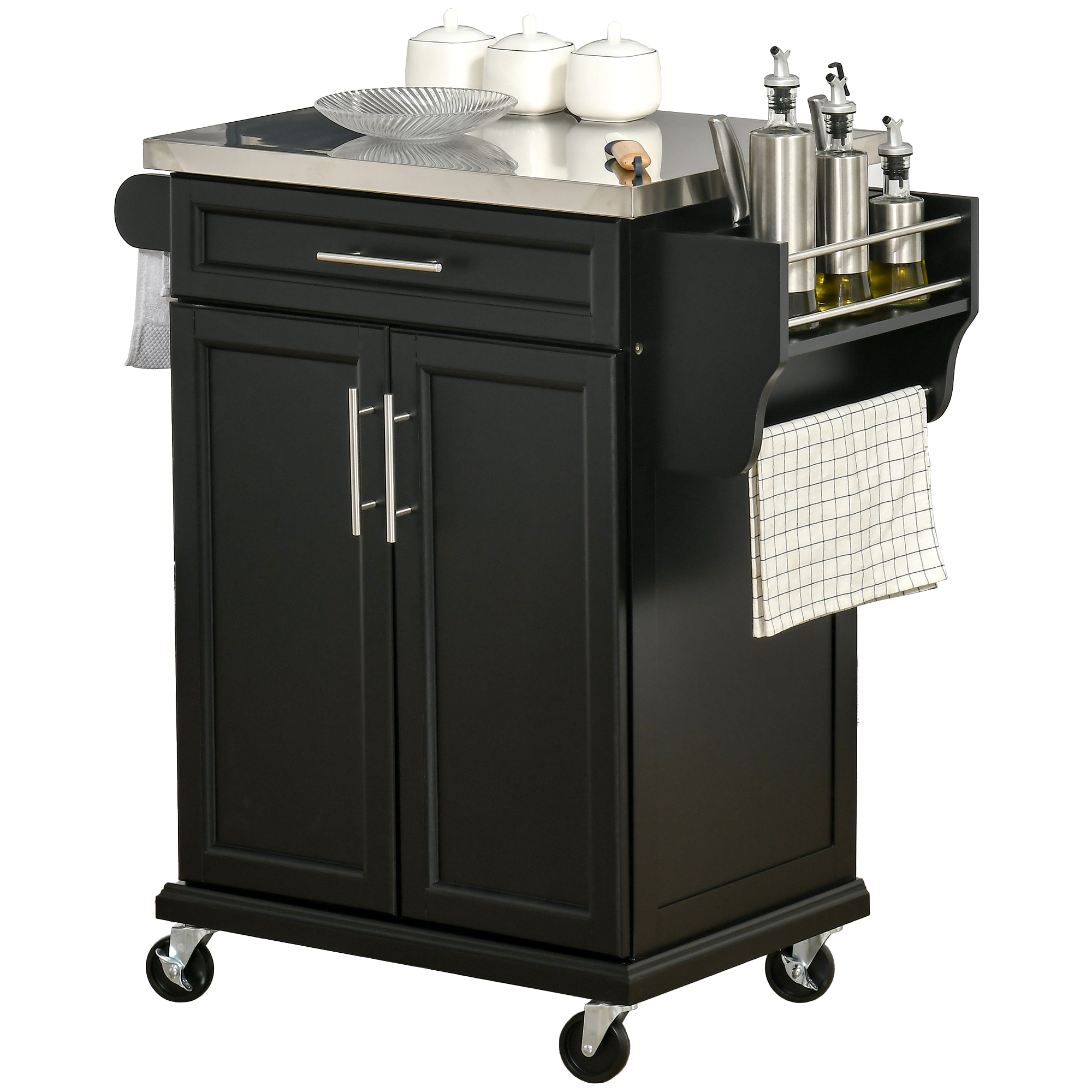 Wooden Kitchen Island on Wheels, Serving Cart Storage Trolley with Stainless Steel Top, Drawer, Side Handle and Rack, Black (Drop Shipping Only, Not for Amazon)