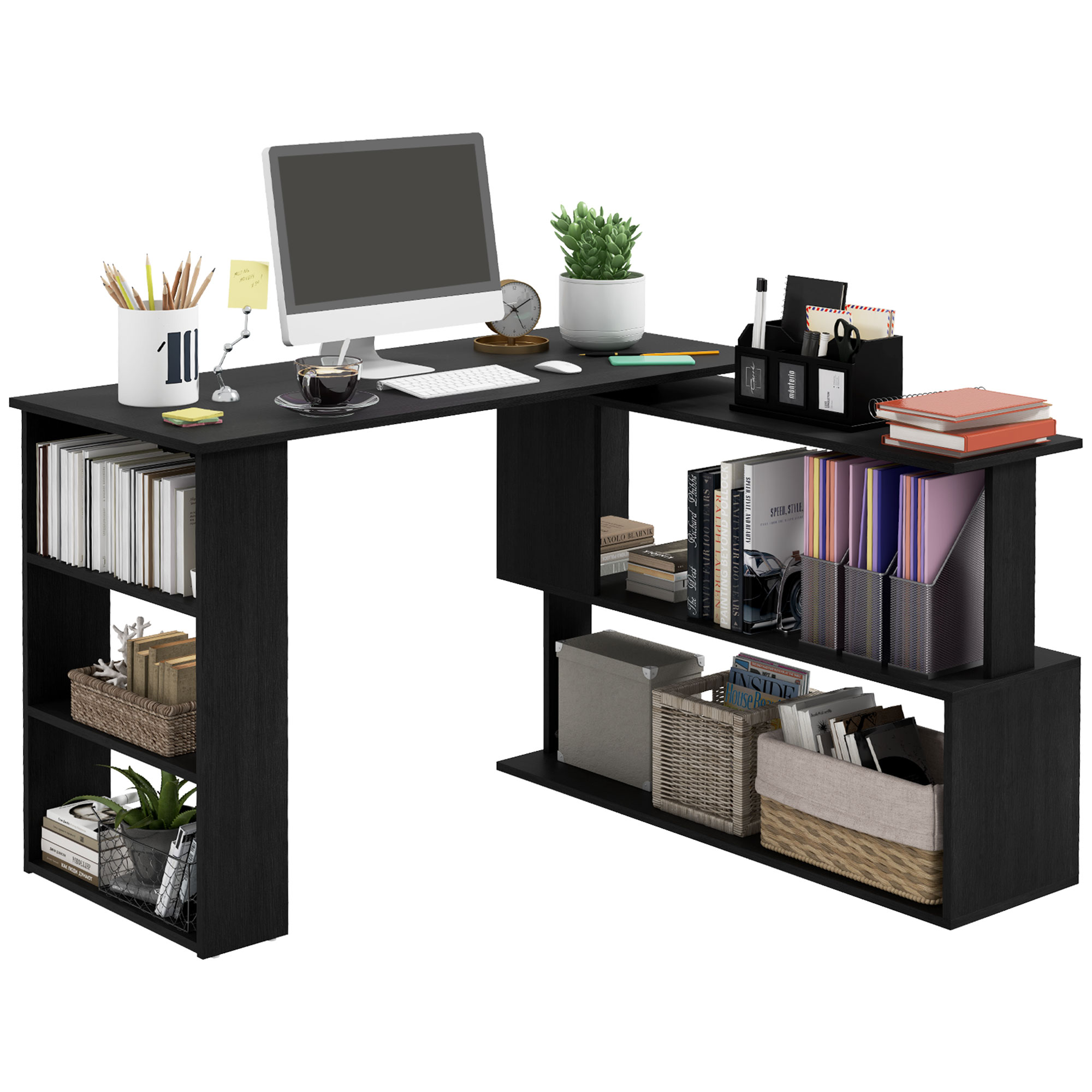 L Shaped Desk, Corner Computer Desk, 360 Degree Rotating Home Office Desk with Storage Shelves, Writing Table Workstation, Black (Drop Shipping Only, Not for Amazon)