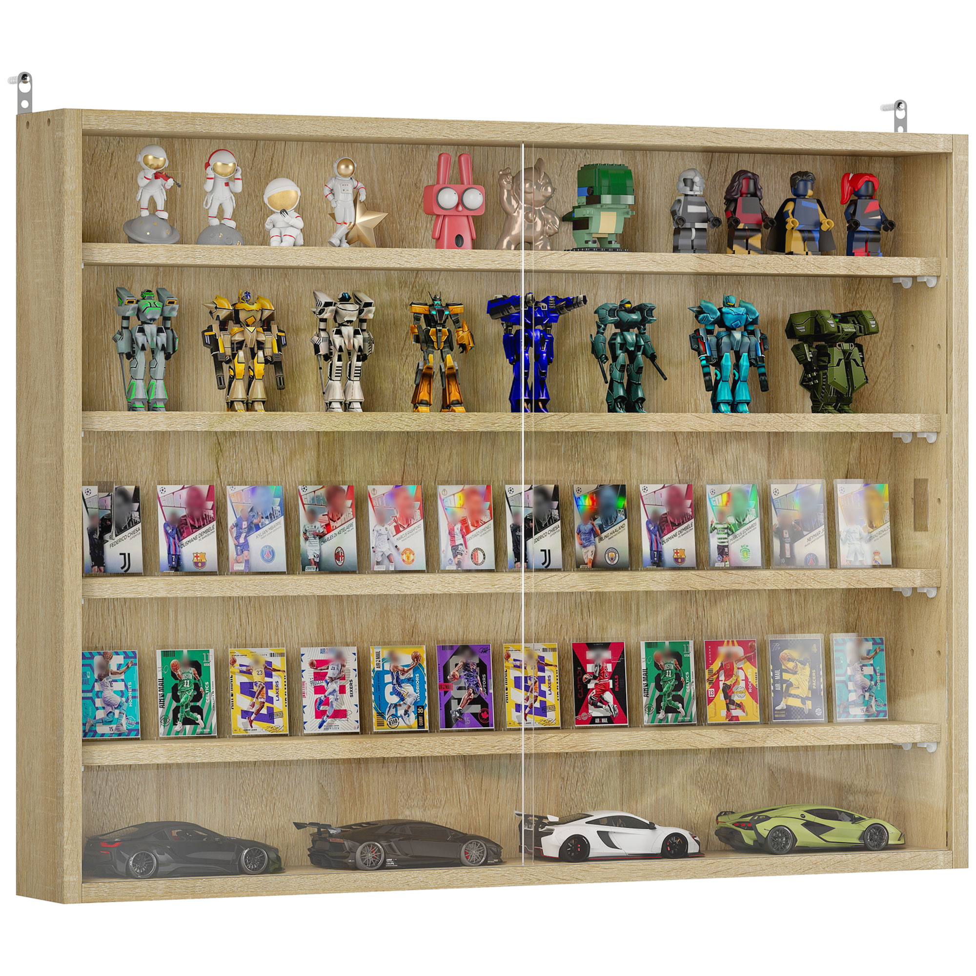 5-Tier Wall Display Shelf Unit Cabinet w/ 4 Adjustable Shelves Glass Doors Home Office Ornaments 60x80cm Oak (Drop Shipping Only, Not for Amazon)