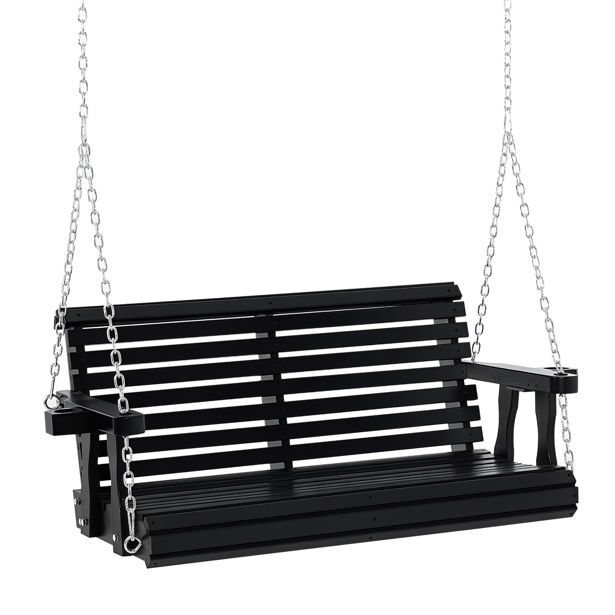 Porch Swing with Chains and Cupholders, 2 Person Wooden Patio Swing Chair, 440 lbs. Weight Capacity, for Garden, Poolside, Backyard, Black (Drop Shipping Only, Not for Amazon)