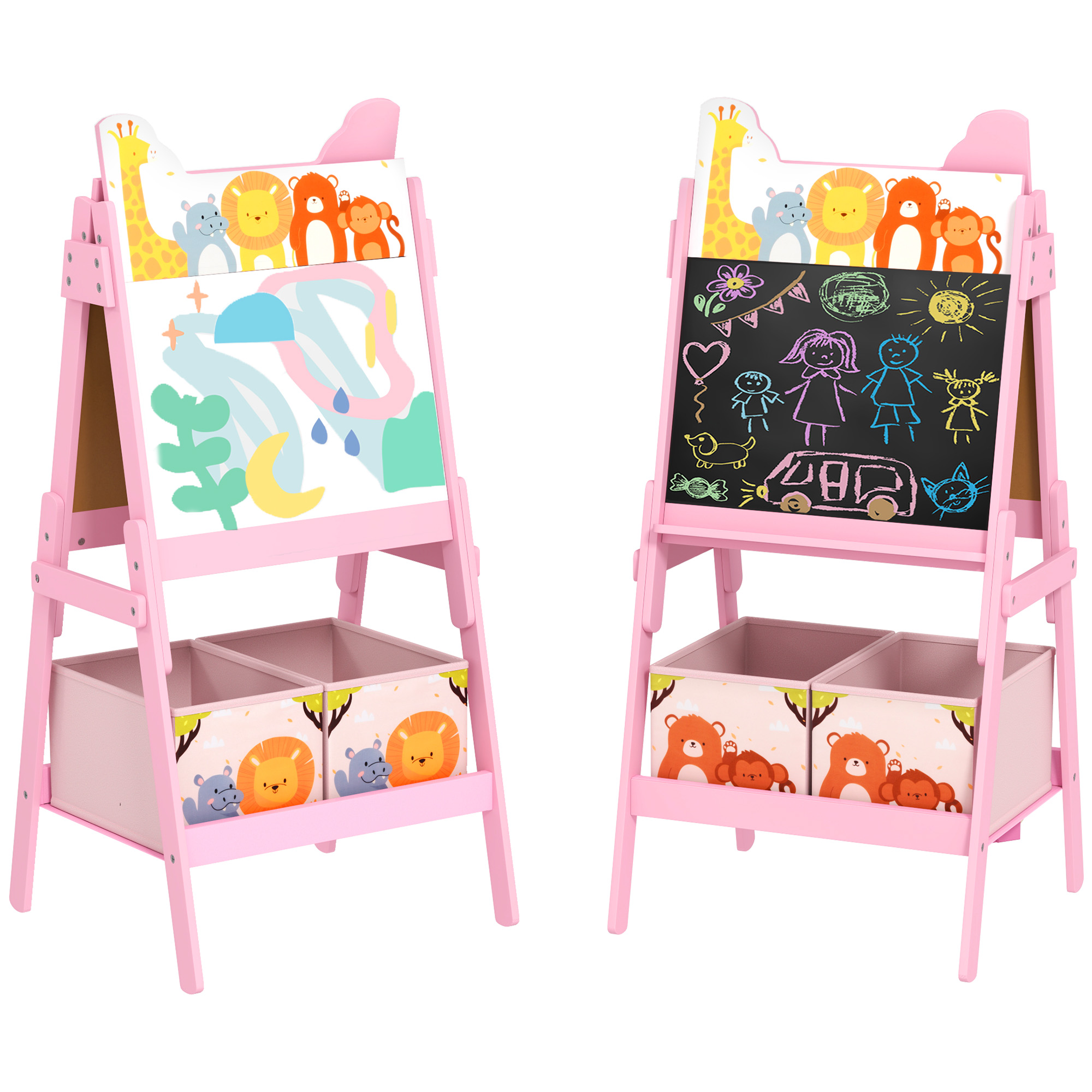 2 in 1 Kids Easel with Whiteboard, Chalkboard, Storage Boxes, for Ages 3-8 Years, Pink (Drop Shipping Only, Not for Amazon)