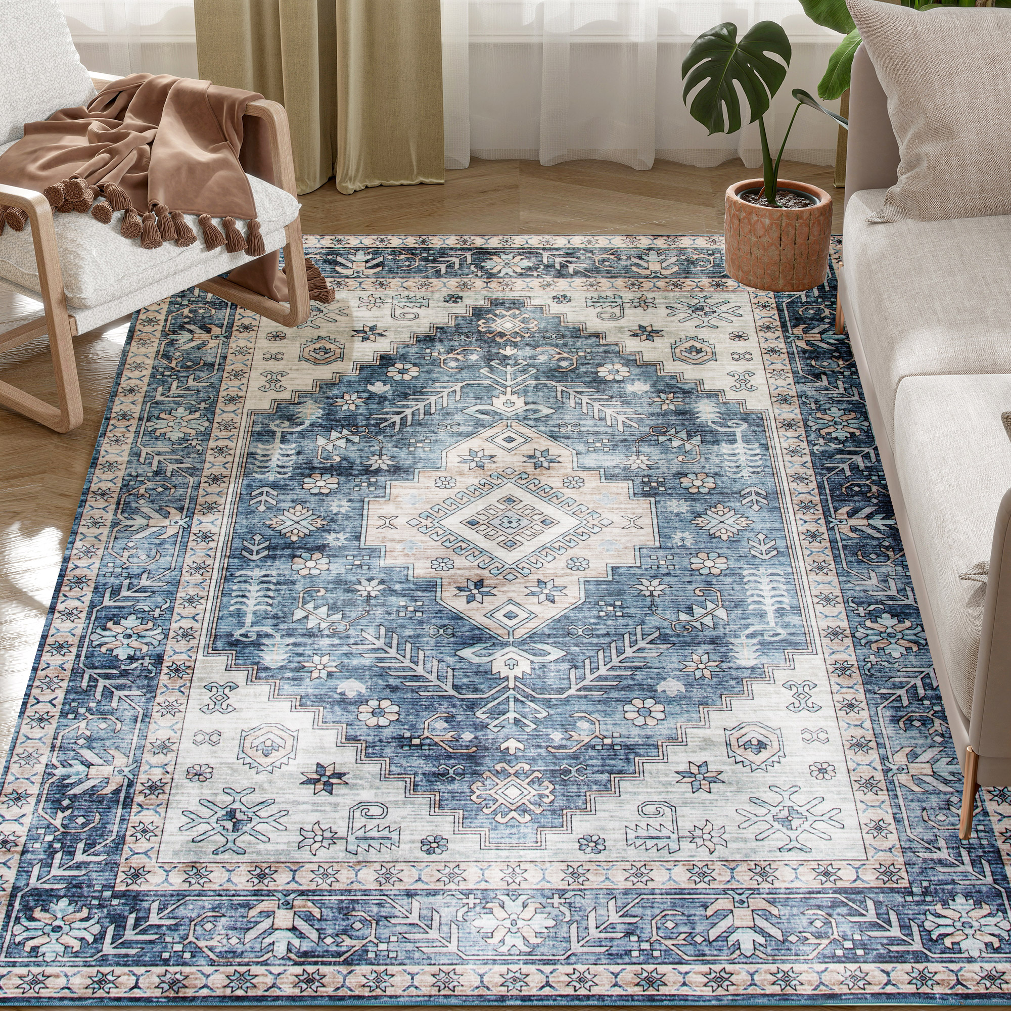 4x6 Area Rug, Vintage Washable Rug, Non-Slip Floor Carpet for Living Room, Bedroom, Dining Room, Blue (Drop Shipping Only, Not for Amazon)